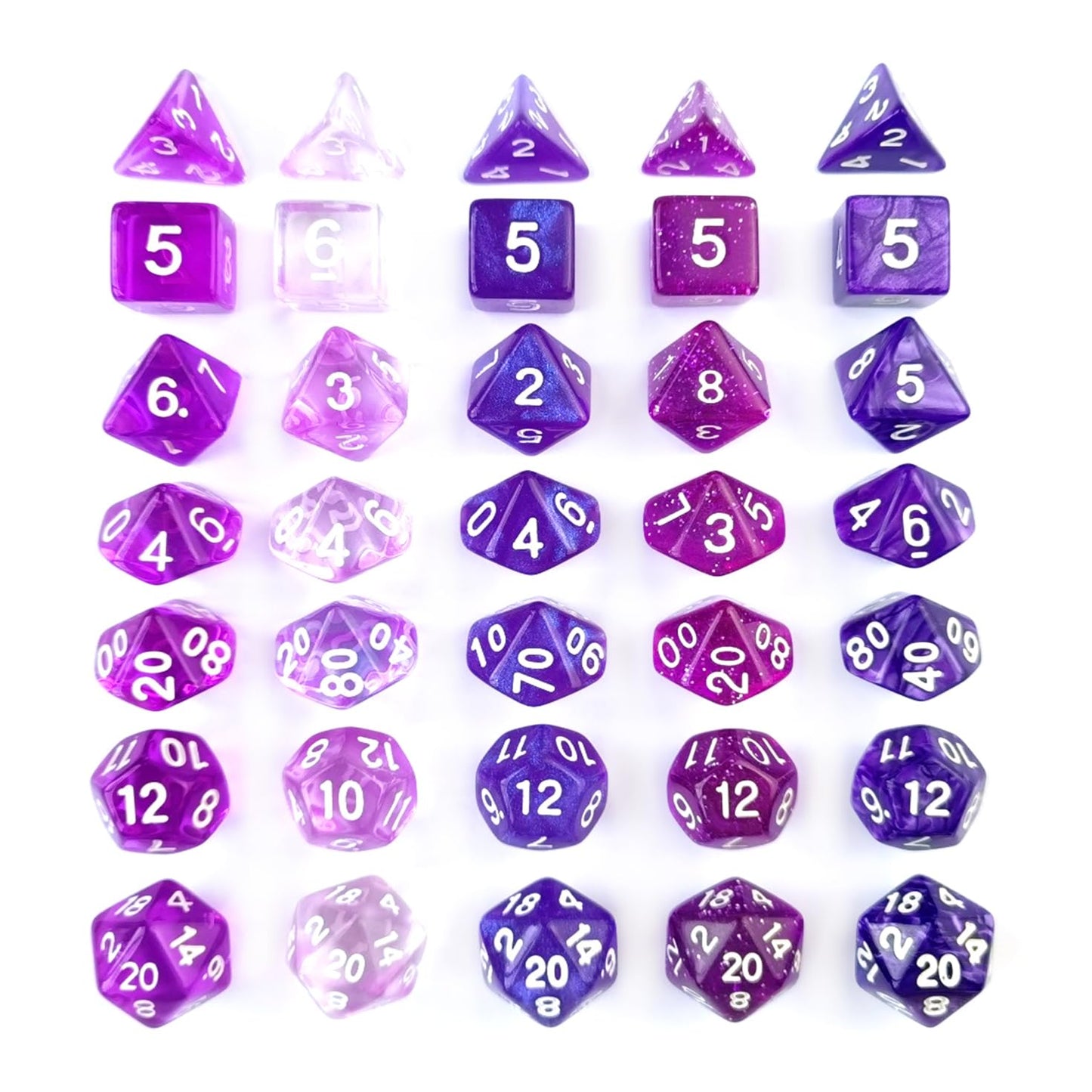 Bescon 35pcs Polyhedral RPG Dice Amethysts Set, DND Role Playing Game Dice Purple Sets 5X7pcs