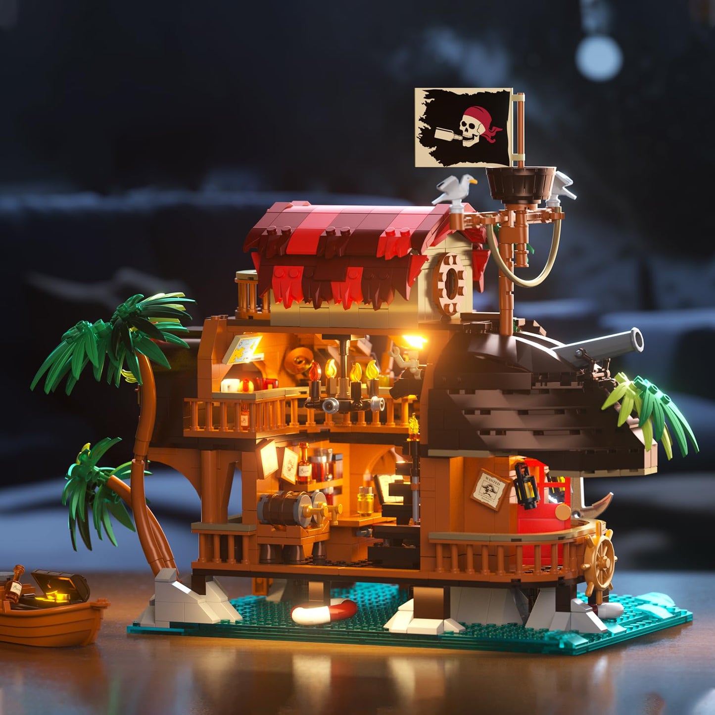 ONITUOFO Pirate Ship Tavern Building Set, 1312pcs Plastic Toy, Large Size, Blue & Red, Creative Gift for Ages 8-14, Home Office Decor