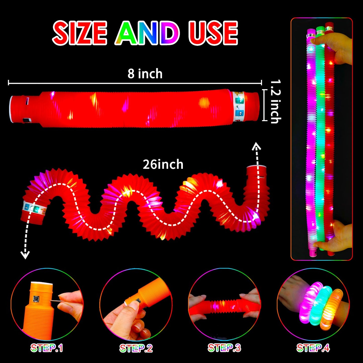 Gwahsa 24 Pcs Light Up Pop Tubes, Glow Sticks Bulk Party Favors For Kids 4-8 8-12 Glow In The Dark Party Supplies Fidget Sensory
