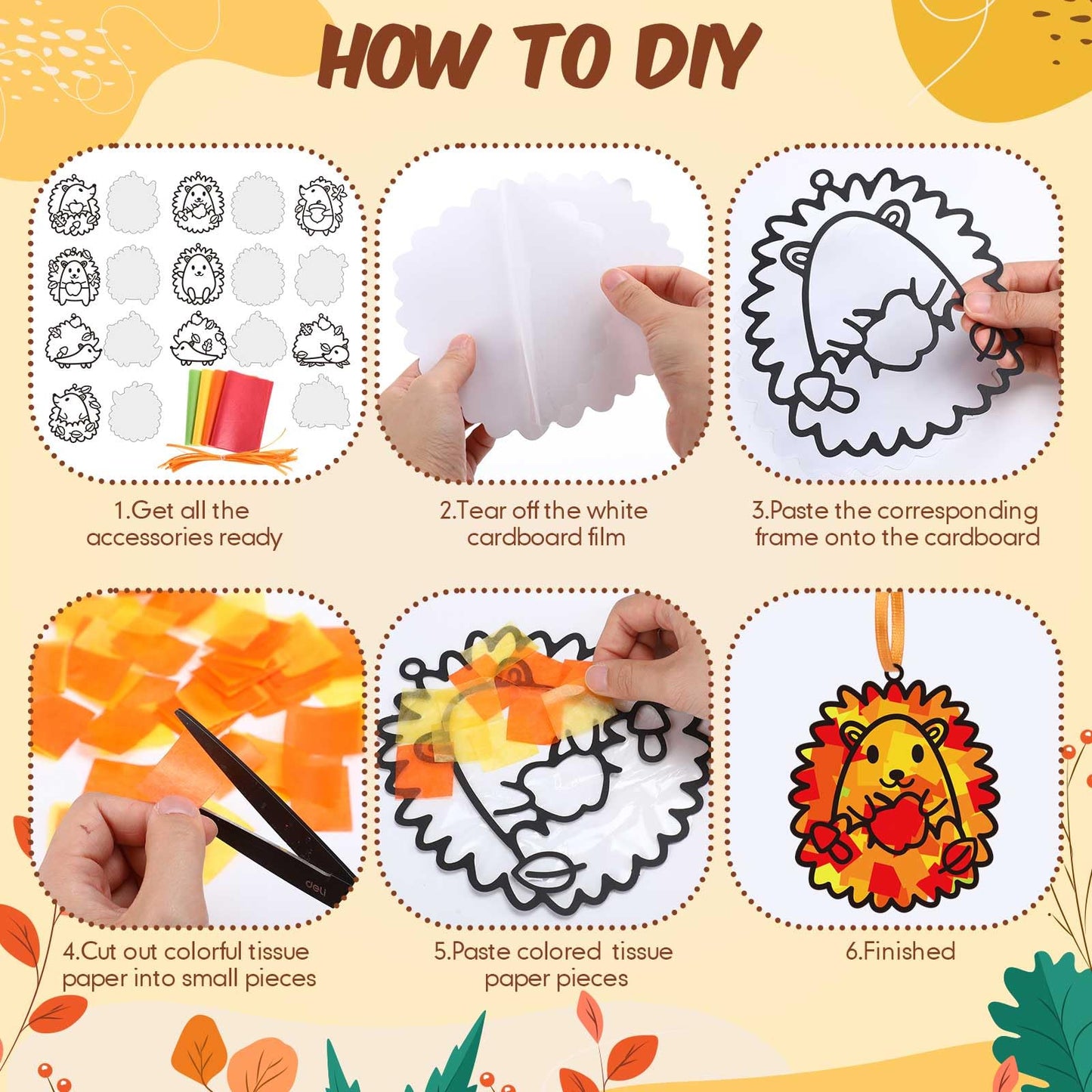 Pajean 36 Sets Fall Crafts Kit DIY Hedgehog Autumn Paper Crafts with Colored Tissue Paper Stickers Hedgehog Suncatcher Hanging O