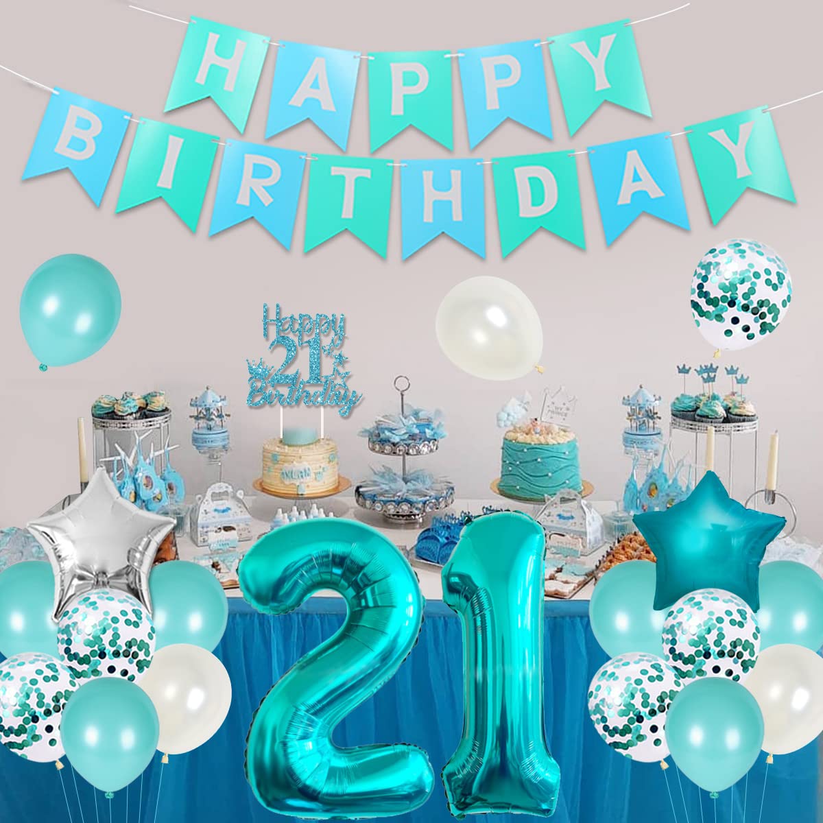 21St Birthday Decorations For Women Girls Her Teal - Happy Birthday Banner Cake Topper Birthday Girl Sash Number 21 Foil Balloon