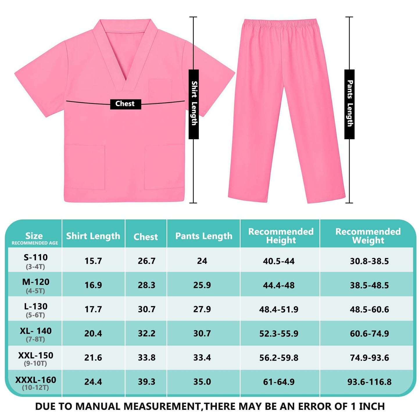 Mizzuco Doctor Costume For Kids,Toddler Nurse Scrubs Halloween Dress Up Cosplay For Boys Girls 3-12 Years (Pink, L-130Cm/5-6Yrs)