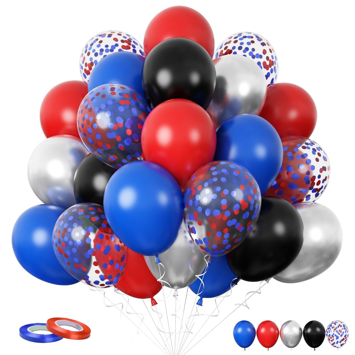 Funhot Red And Blue Balloons, 60 Pcs Red Black Blue Balloons, 12 Inch Metallic Silver Latex Balloons Helium Blue Red Confetti Ba