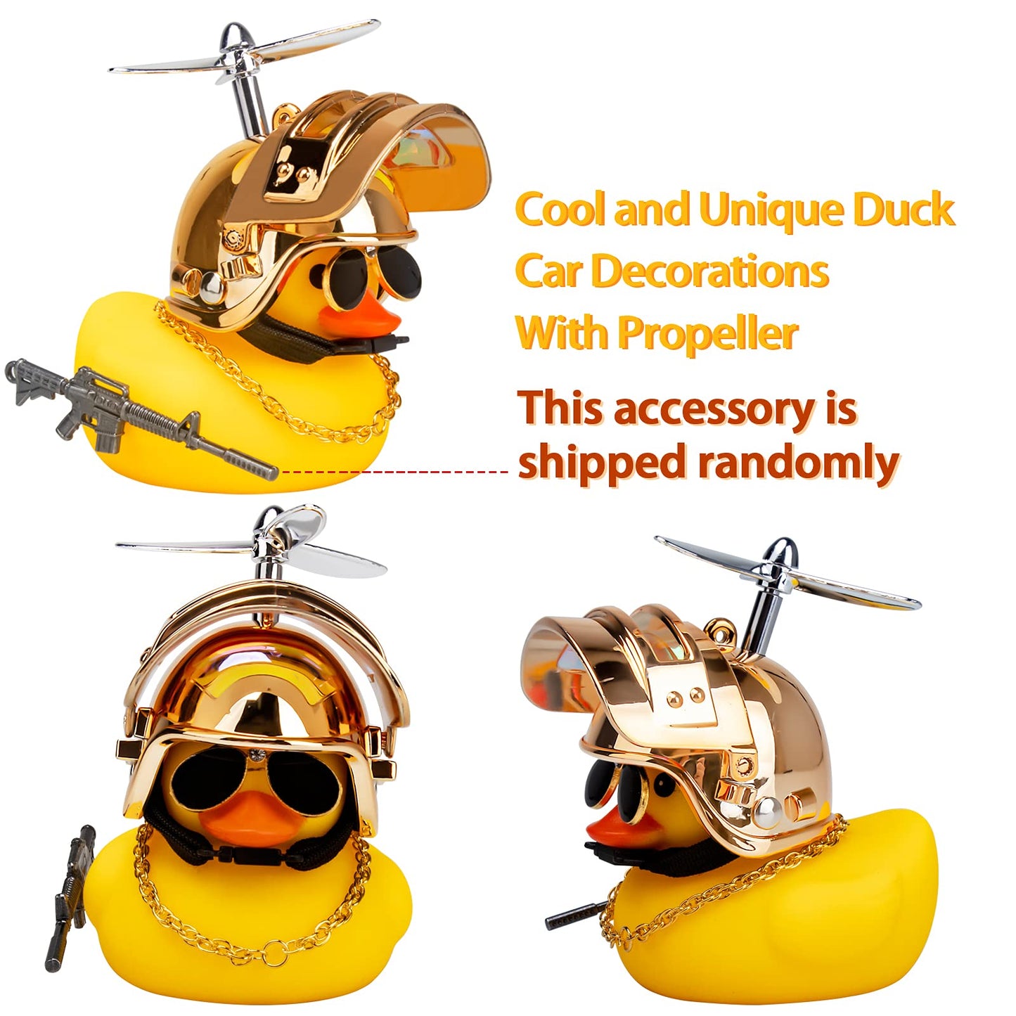 wonuu Rubber Yellow Duck Car Ornaments Cool Duck Car Dashboard Decorations with Propeller Helmet Sunglasses (Dazzling Gold-Yellow G)