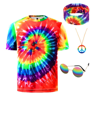 Inrajoper Boys 4 Pcs Hippie Costume Accessories Set 60S 70S Colorful Kids Fun Tie Dye T-Shirt For Theme Party 7-8 Years Multicol