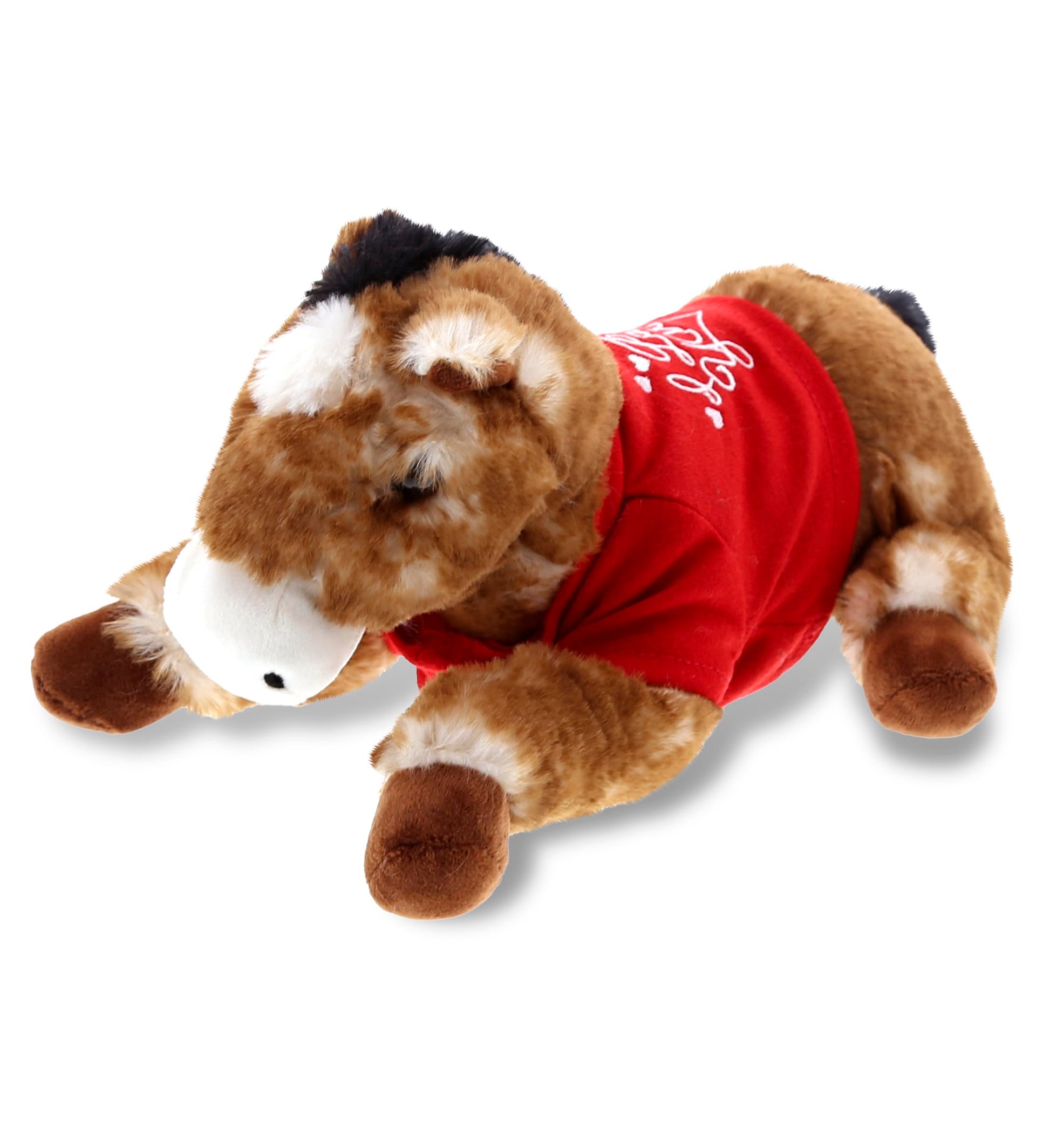 DolliBu I Love You Valentine Plush Lying Brown Horse - Cute Stuffed Animal with Red Shirt and Name Personalization Gift for Valentines Day  Birthday  Anniversary  Romantic Date - 10.5 Inches