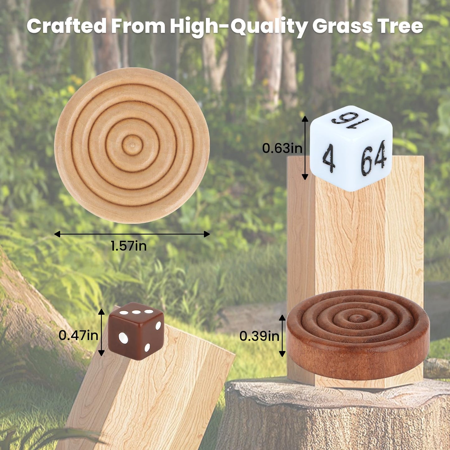 QuadPro Wooden Checkers Pieces Only  30 Wood Backgn Pieces with 5 Dice & Storage Bag  enhanced Wood Pieces for Backgn and Checkers  Ideal for Replacement or Spare Pieces