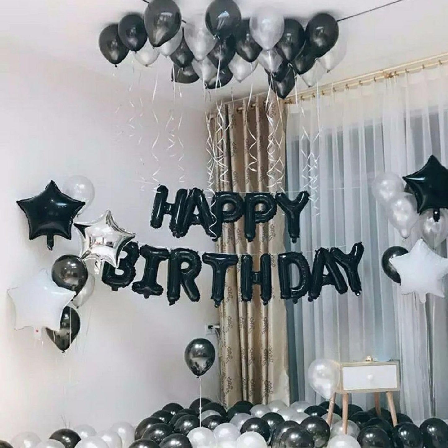 Happy Birthday Balloons Banner, Black Happy Birthday Foil Balloons 16 Inch Mylar Foil Letter Balloons With 8 Pcs Black Silver St