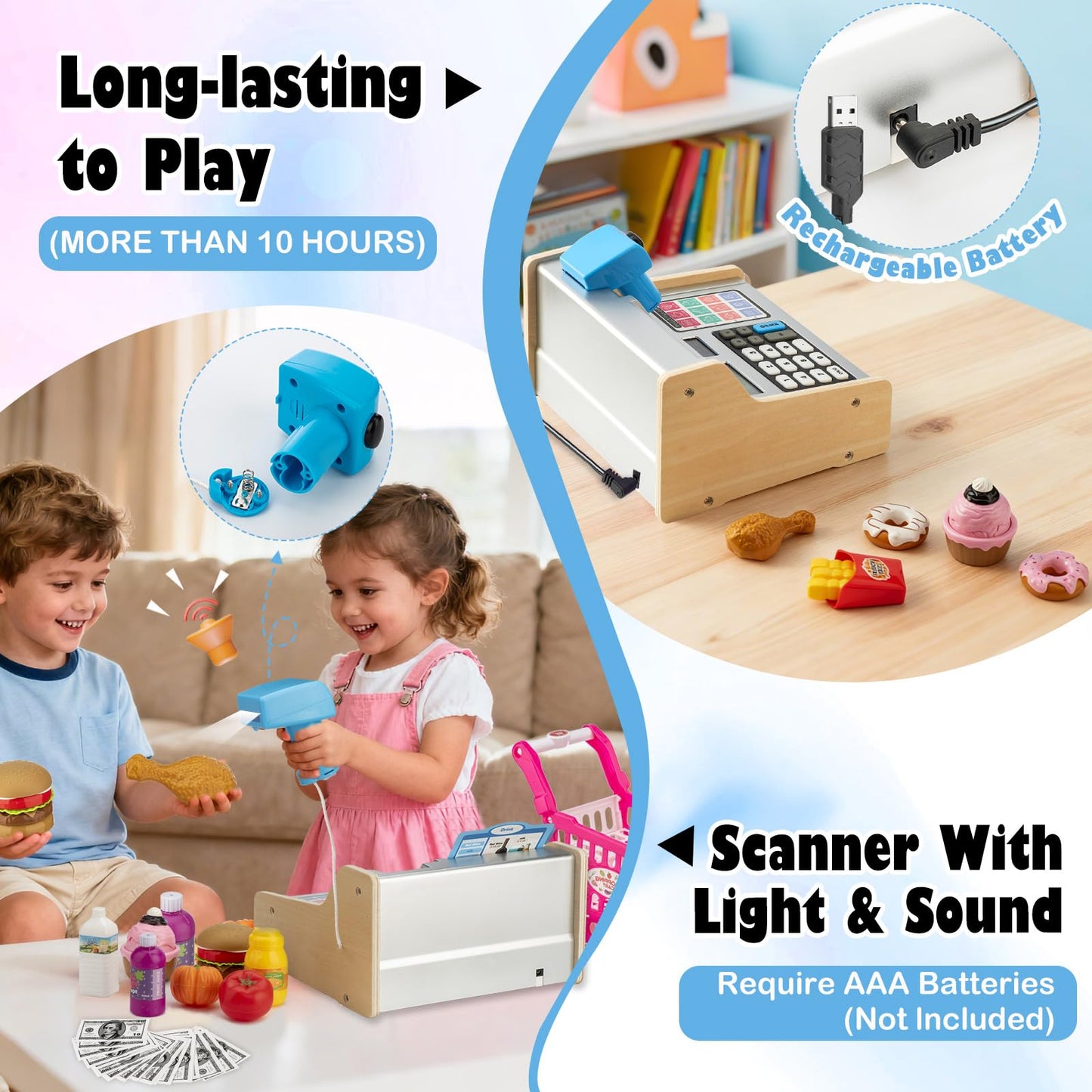 VROGTIK Wooden Cash Register for Kids, Rechargeable Toy with Scanner, Child-Size, Silver, Ages 3-12