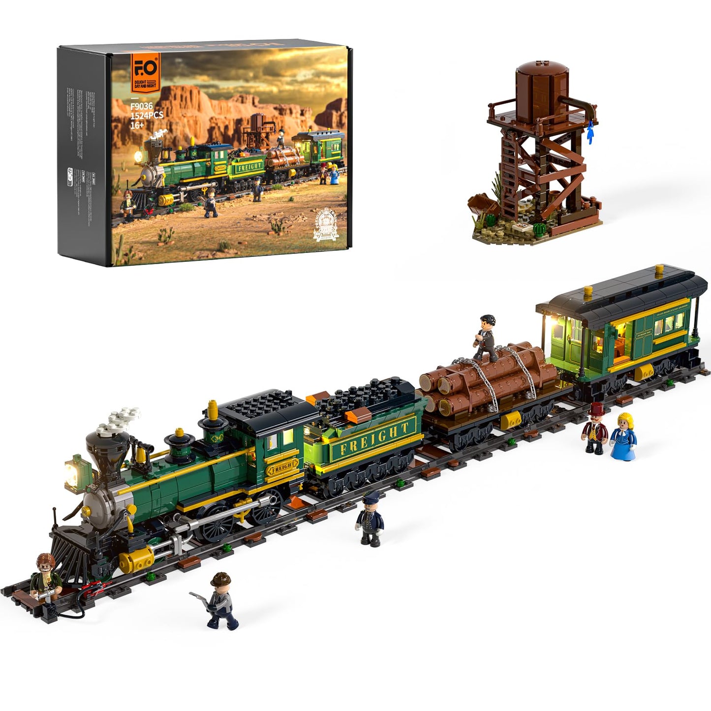 Funwhole Wild West Freight Train Lighting Building-Bricks Set - Classic 4-4-0 Locomotive Model 1524 Pcs Ideas Kit for mature-themed and Teens