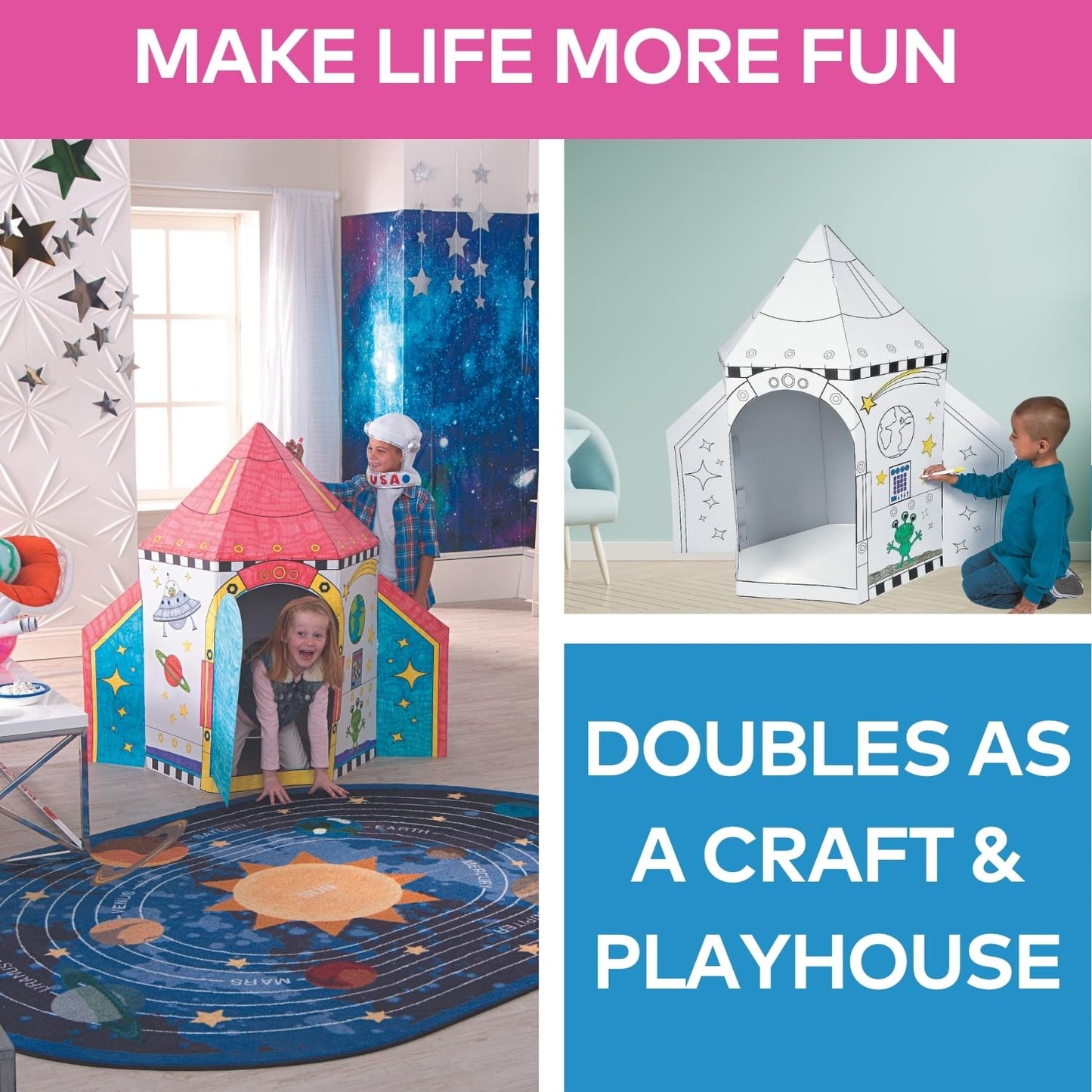 Fun Express Rocket Cardboard House for Kids - 5-Foot Tall Rocket Cardboard Playhouse for Kids, Hours of Creative Fun, Fuel Your