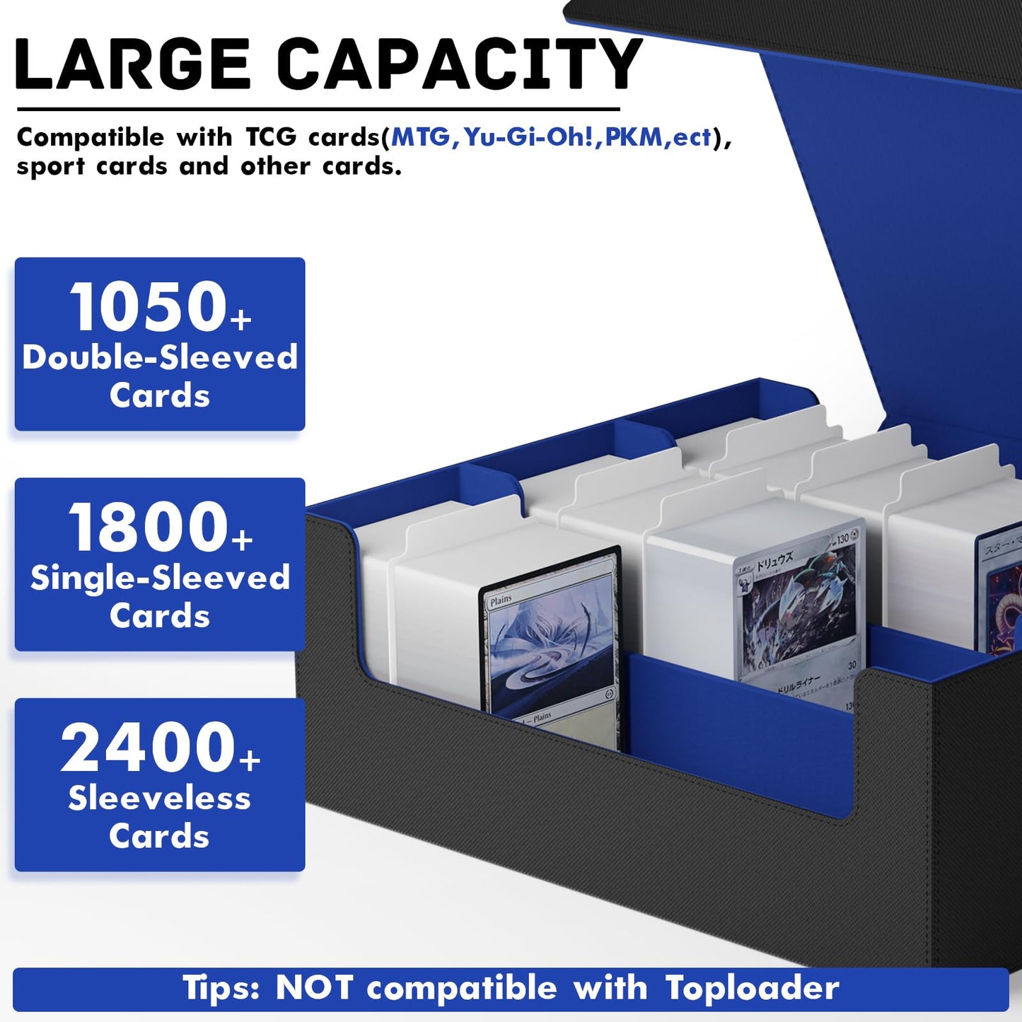 Zlca Card Storage Box For Mtg Ptcg, Commander Deck Box Holds 1800+ Cards, Card Storage Case, Card Organizer For Tcg Sport Cards(Black&Blue)