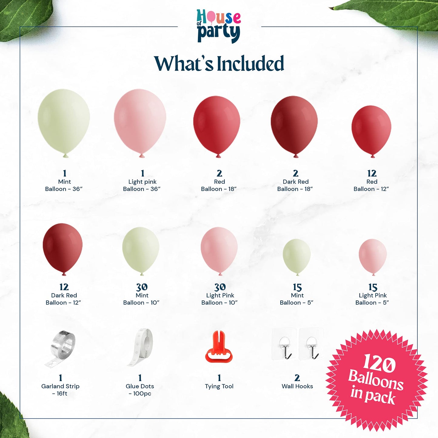 House Of Party Pink And Green Balloon Garland Kit 120 Pcs - Mint, Red And Pink Balloons Arch For Graduation, Wedding, Gender Rev