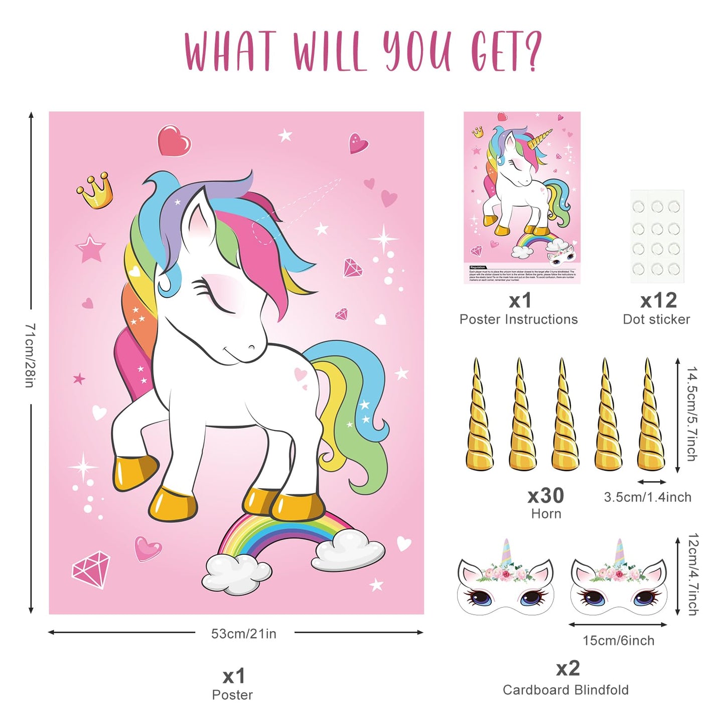 Neburora Pin The Horn On The Unicorn Birthday Party Game With 30 Horns For Party Supplies Favors Girls Rainbow Christmas Party D
