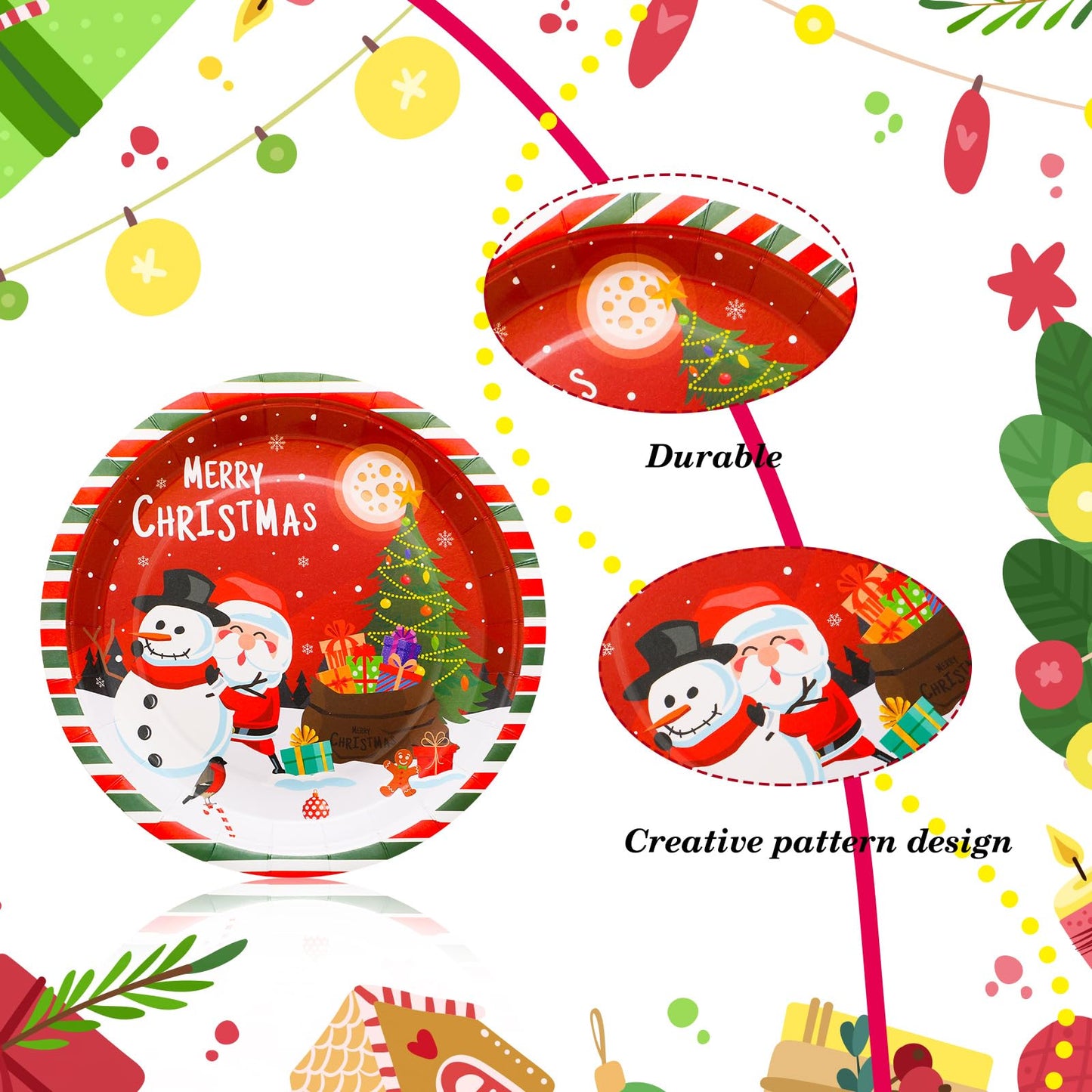Sliner 120 Pcs Christmas Paper Plates 9 Inch Christmas Disposable Plates Xmas Paper Dessert Plates Santa Belt Elk Snowman Decora