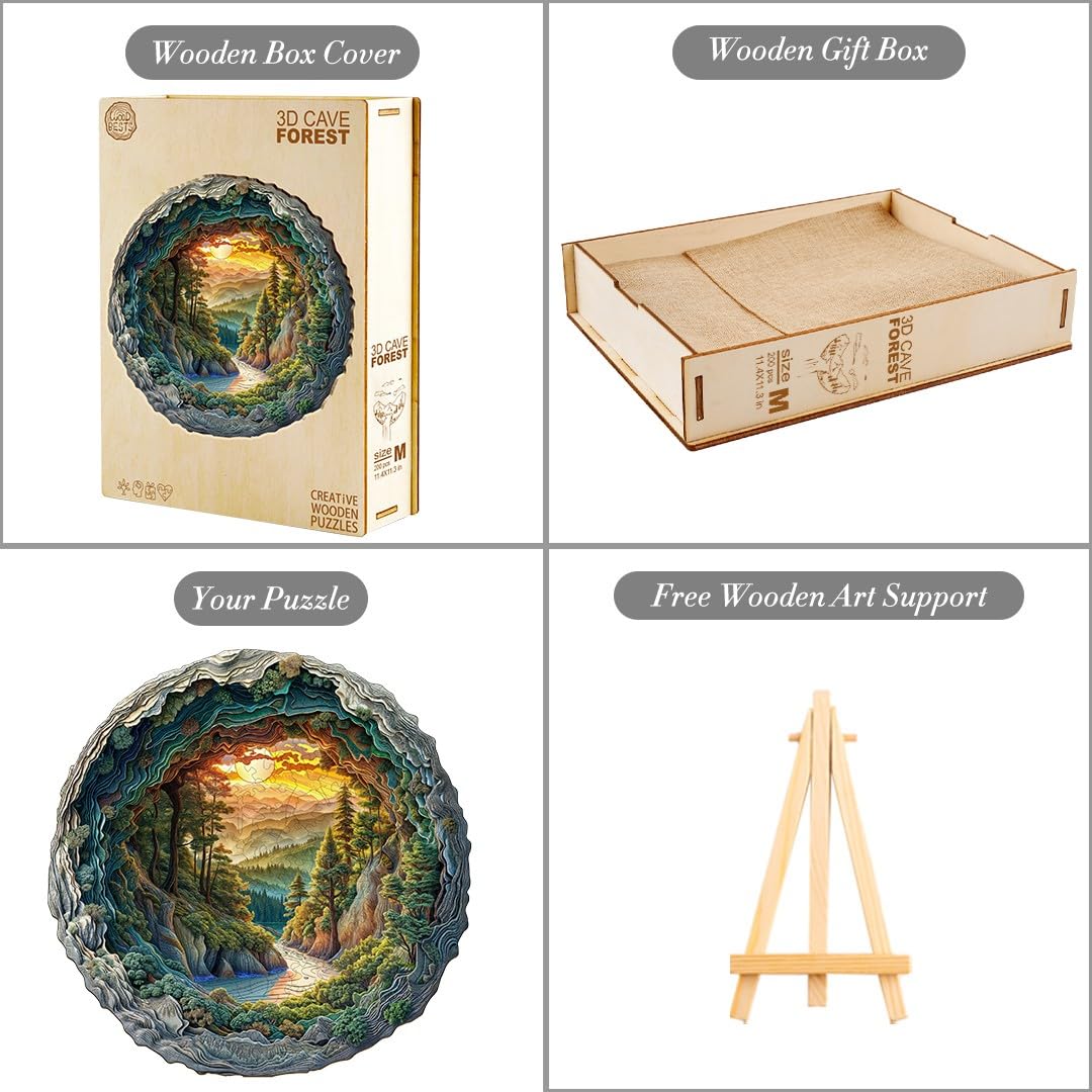 Wooden Puzzle for mature-themeds-3D Vision Effect Cave Forest Wooden Puzzle Unique Shape Advanced Wooden Jigsaw Puzzle for mature-themed  Wood Puzzles Challenge Wooden Jigsaw Puzzle (11.4 * 11.3in-200pcs)