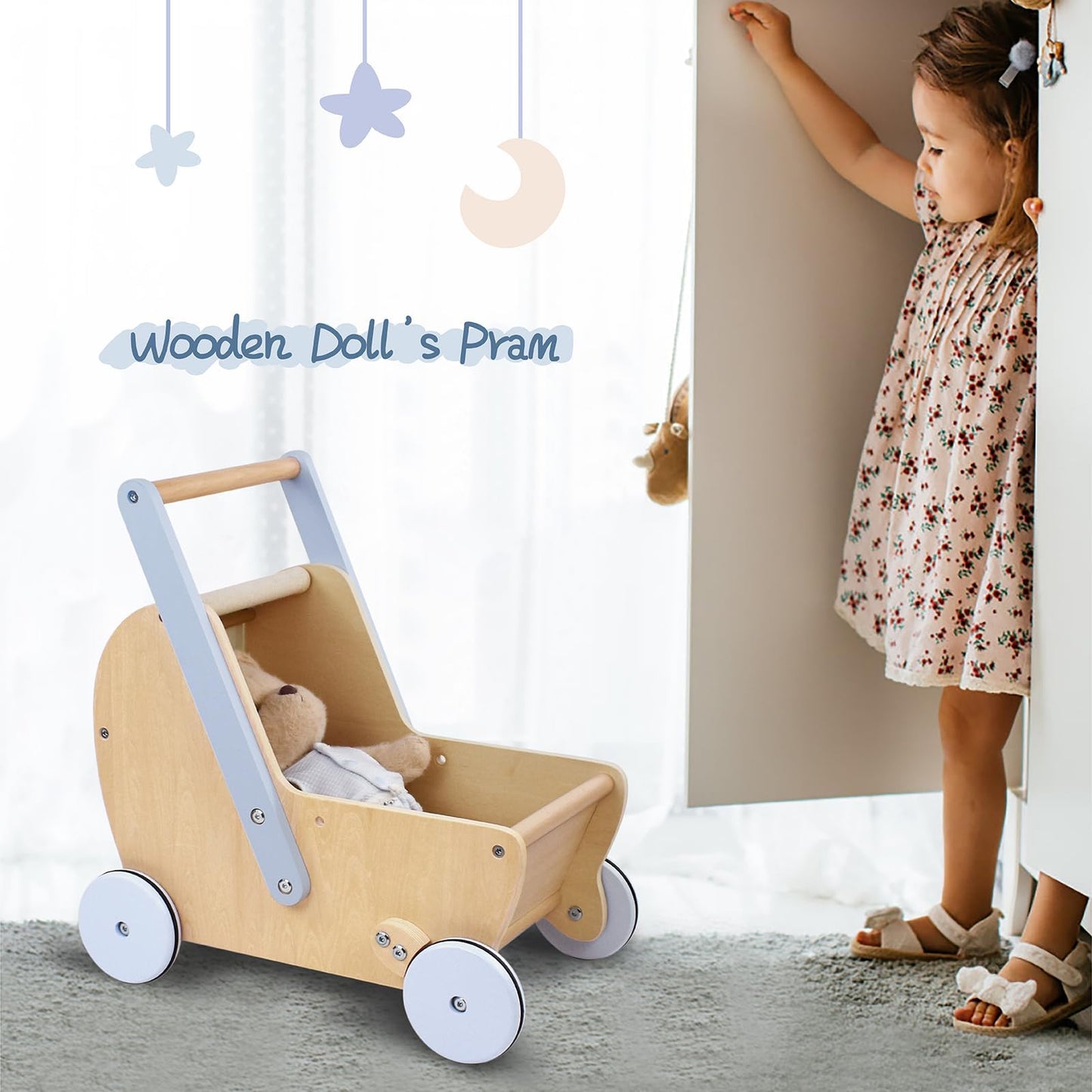Pillowhale Wooden Baby Doll Pram Stroller,Wooden Baby Walker Push And Pull Doll Stroller,Baby Wooden Toy Stroller For Toddler Bo