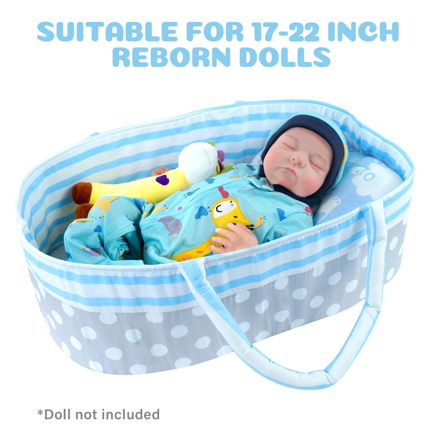 Babeside Reborn Baby Dolls Bassinet Foldable Baby Doll Crib Bed Soft Doll Carrier Doll Accessories With Handle For 17-22 Inch Baby Dolls Girls Boys (Blue)