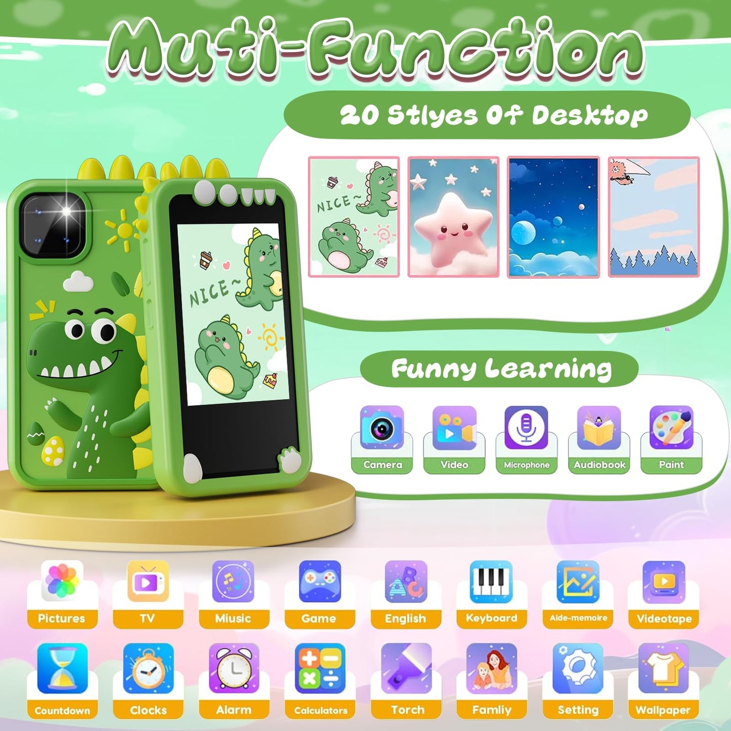 Kids Smart Phone Toys, Touchscreen Hd Dual Camera Cell Dinosaur Phone For Kids,Travel Toy Preschool Learning Toy For Kids,Christ