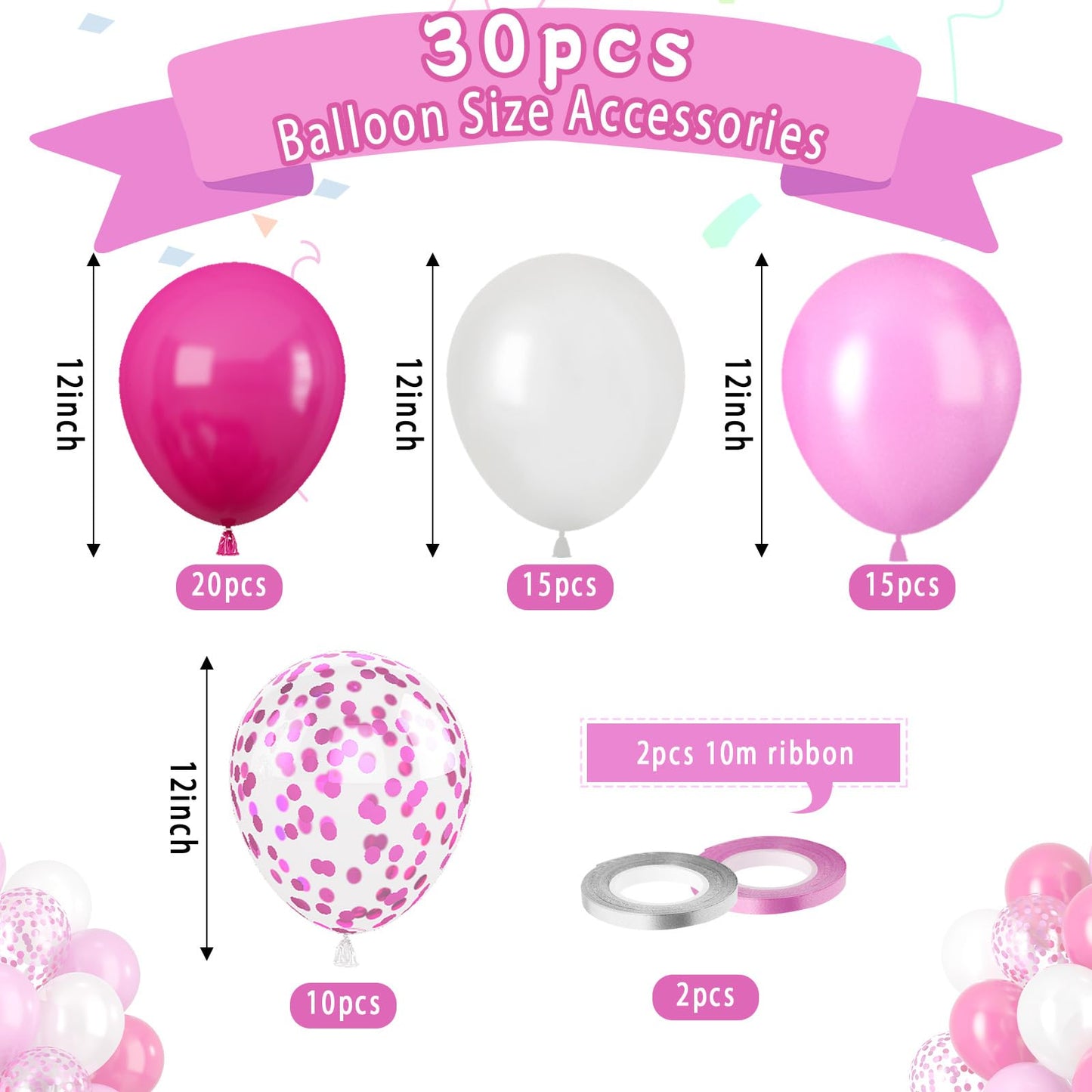 Paready Hot Pink Balloons Set - 60 Pcs 12" Latex & Confetti Balloons for Birthday, Wedding, Baby Shower, Valentine's Party Decorations