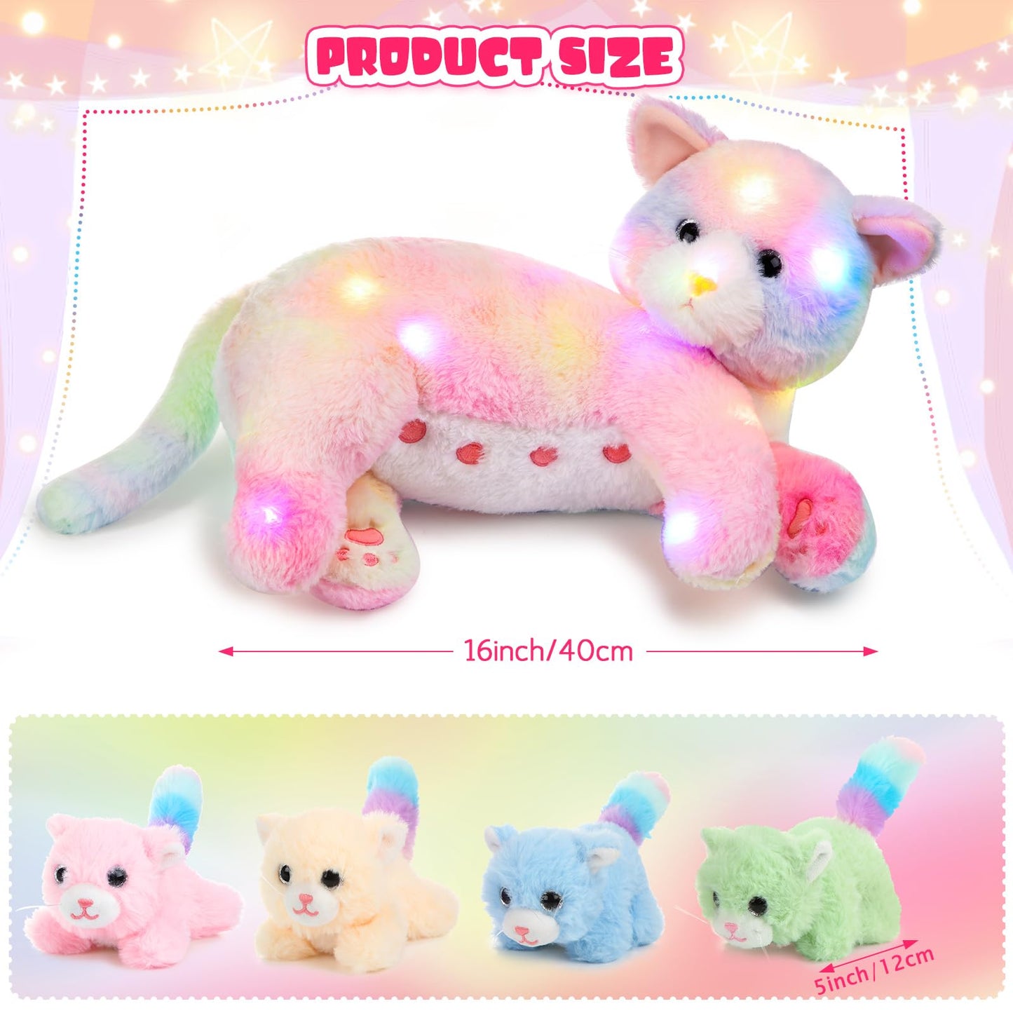 Skylety Nurturing Cat Stuffed Animal With 4 Plush Kittens, Cat Baby Stuffed For Girls And Boys Plushy Mommy Kitty With Baby Kittens For Birthday Party Favors Gifts(Led Style)