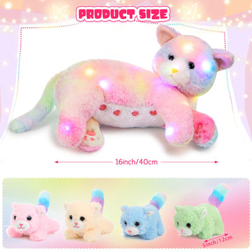 Skylety Nurturing Cat Stuffed Animal With 4 Plush Kittens, Cat Baby Stuffed For Girls And Boys Plushy Mommy Kitty With Baby Kittens For Birthday Party Favors Gifts(Led Style)