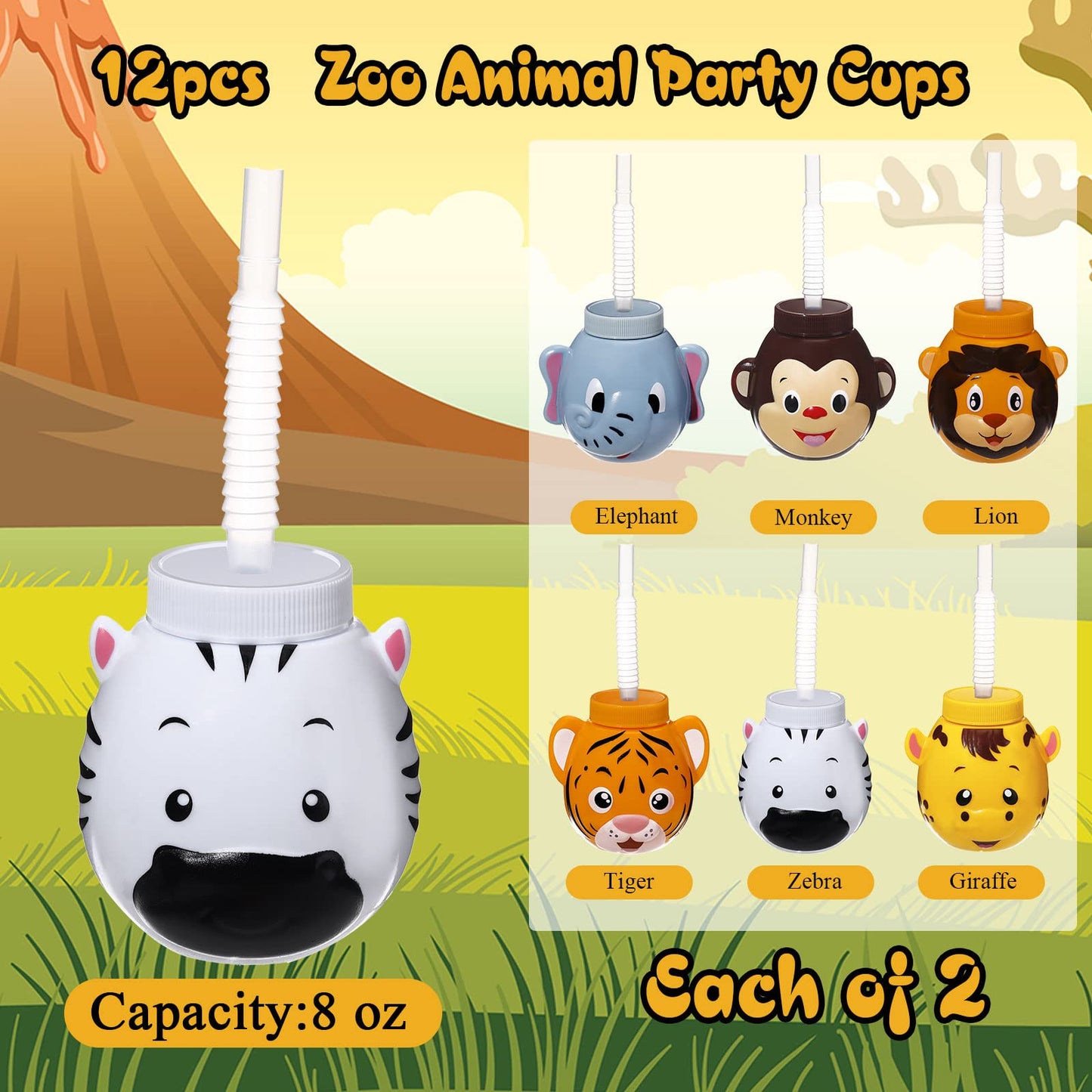 12 Set Zoo Animal Cups with Straws and Lids, 10 oz Plastic Reusable Safari Jungle Animal Theme Party Kids Cups for Elephant, Mon