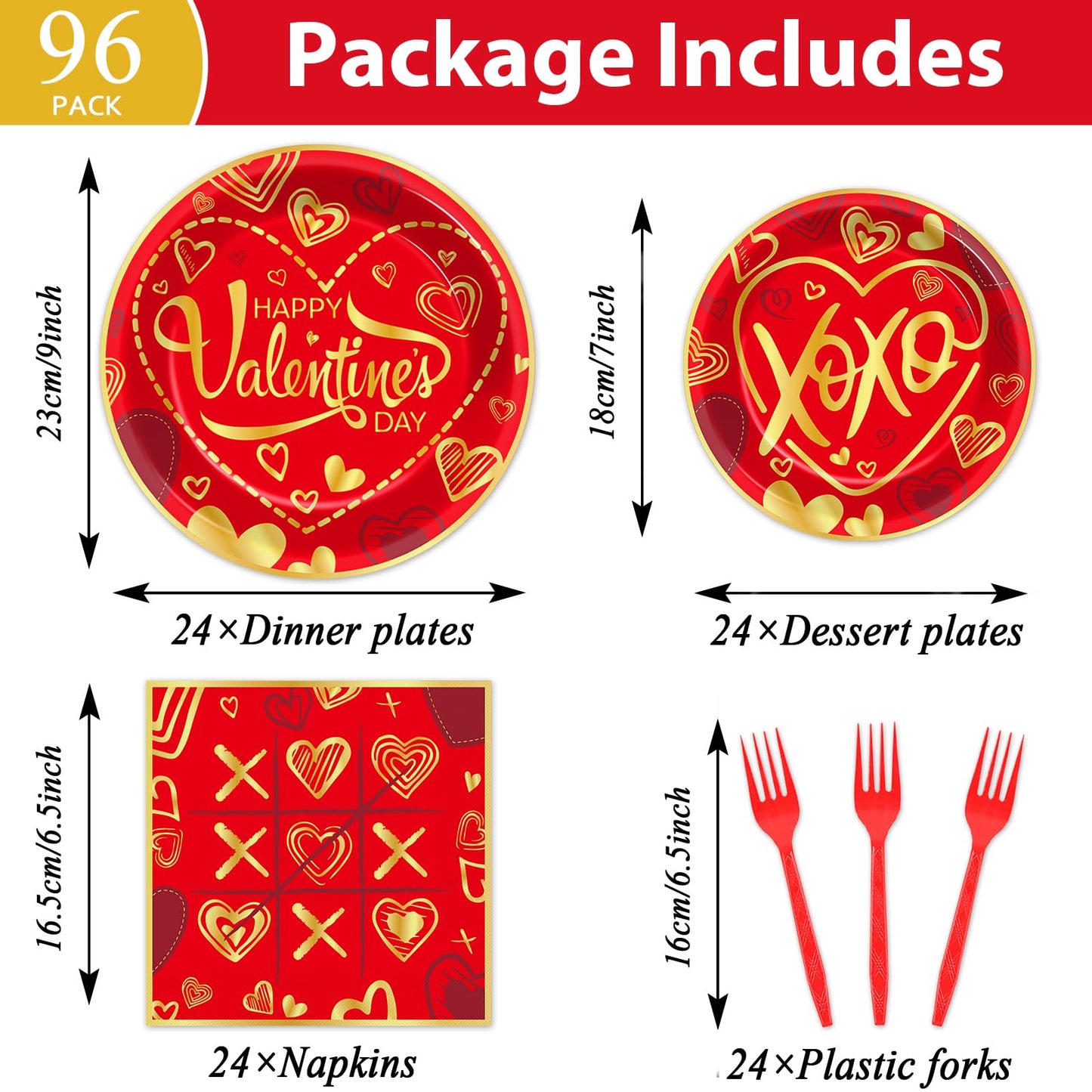 96 Pcs Valentine'S Day Plates Napkins Valentines Day Party Decorations Paper Plate Supplies Red And Gold Dinner Dessert Tablewar