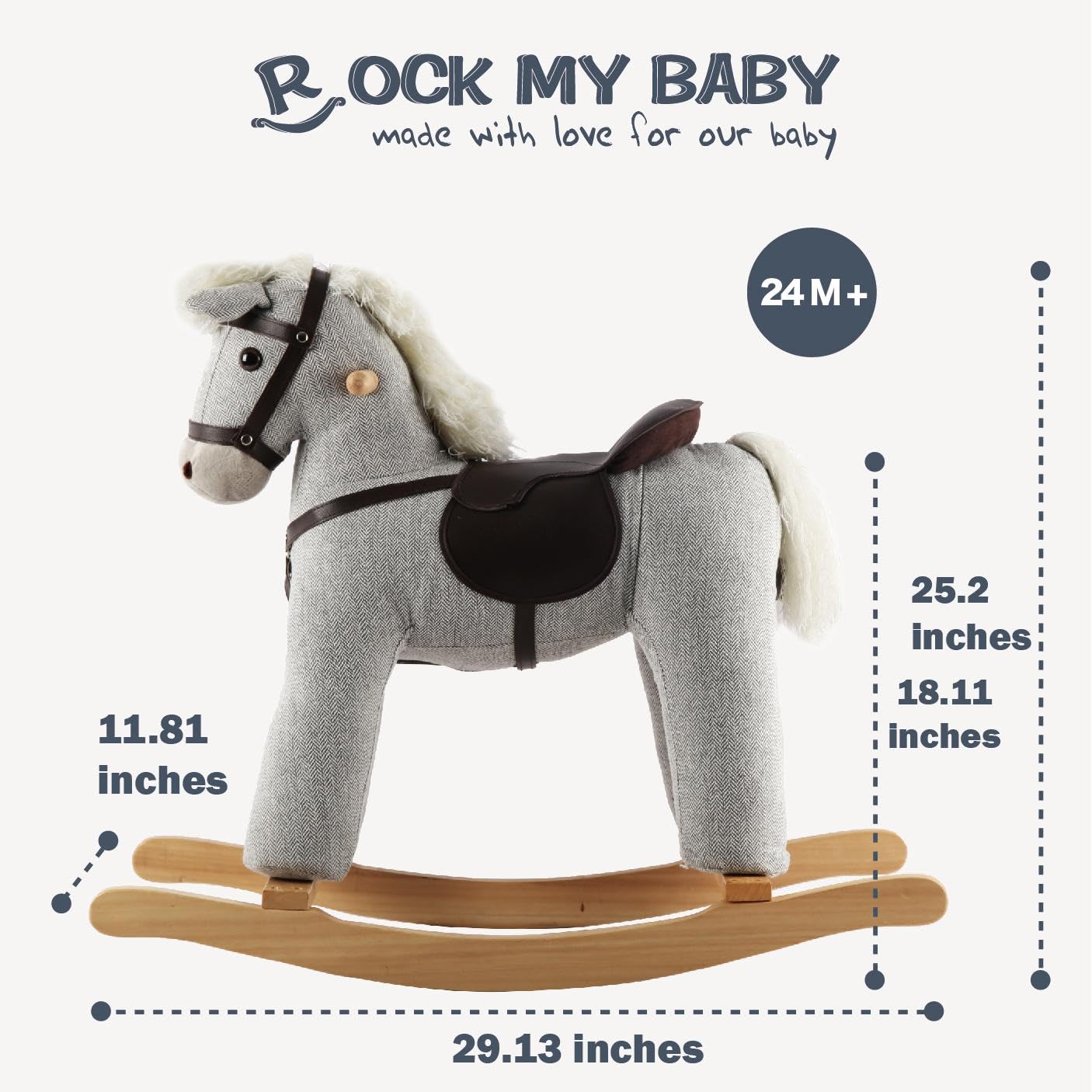 Rock My Baby Rocking Horse Gray, Ride On Pony With Realistic Sound, Wooden Rocking Toy, Rocking Animals, For Boy And Girl Age 2
