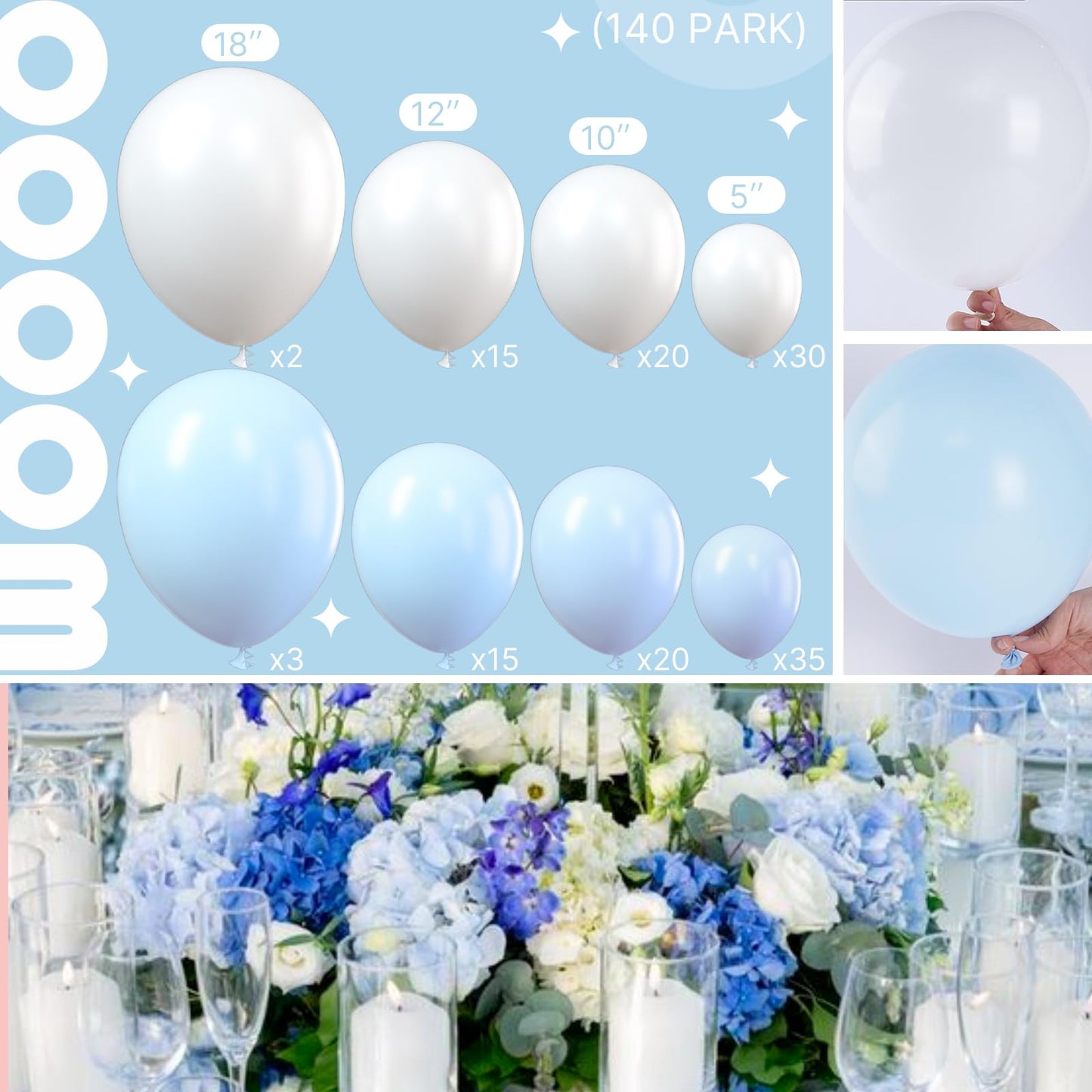 Partywoo Blue And White Balloons, 138 Pcs Pastel Blue And White Balloons Different Sizes Pack Of 18 Inch 12 Inch 10 Inch 5 Inch For Balloon Garland Or Arch As Birthday Decorations, Party Decorations