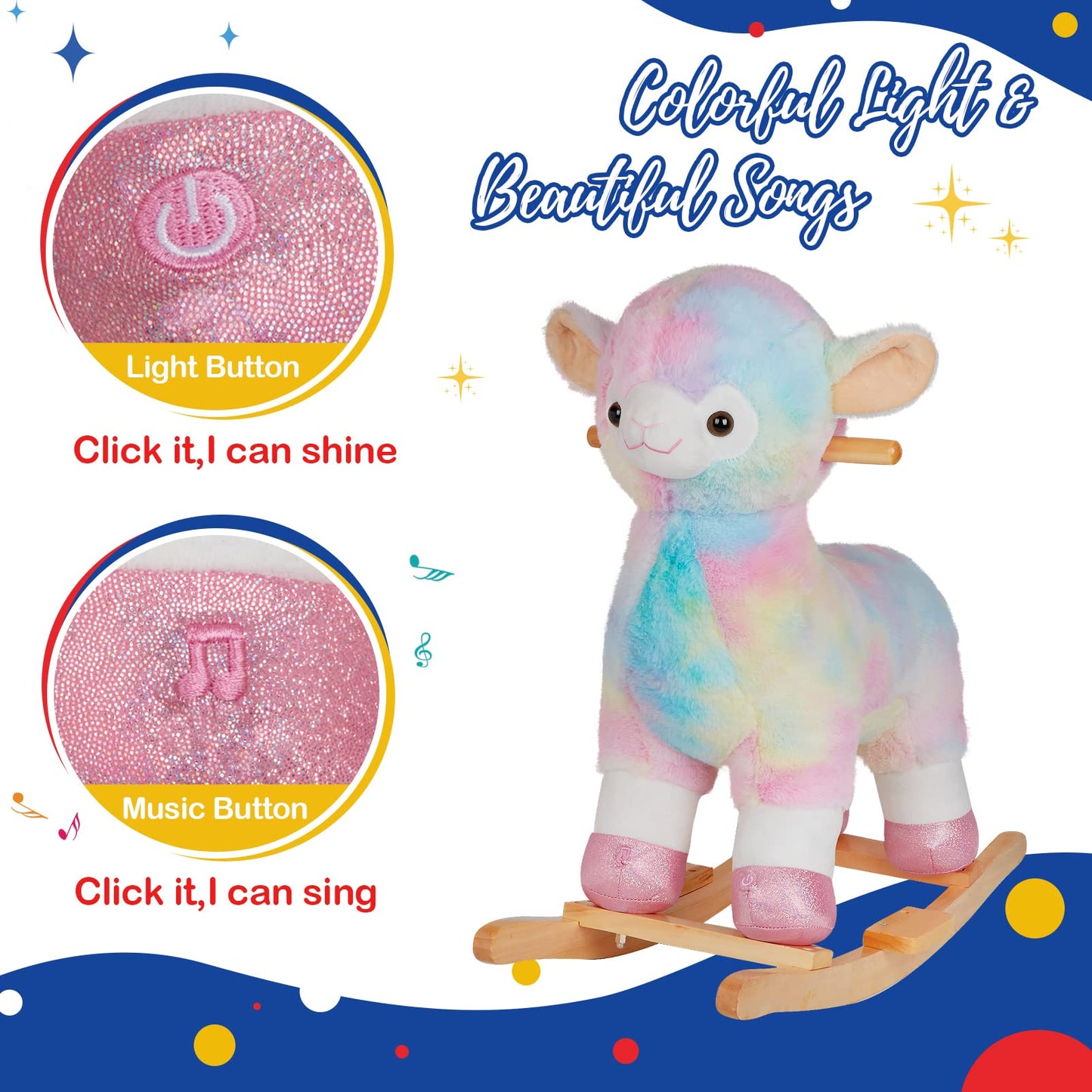 Light Up Musical Alpaca Baby Rocking Horse Set of 2 with Chair, Glowing Rainbow Llama Plush Stuffed Animal Rocker for Toddlers 1