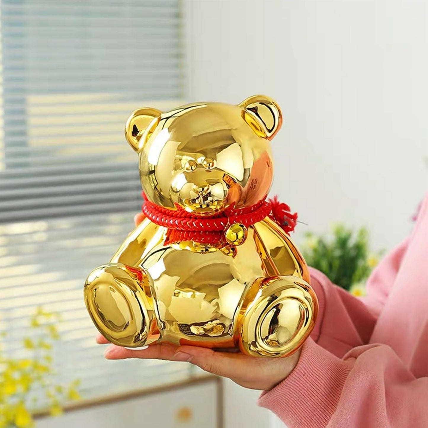 SOBEIT 7.36inch Bear Piggy Bank | Cute Bear Coin Bank | Shiny Plating Craftsmanship | Meticulous Details | Ceramic Bear Money Bank for Kids Girls Boys mature-themed(Gold/6.88 L x 5.62 W x 7.36 H)