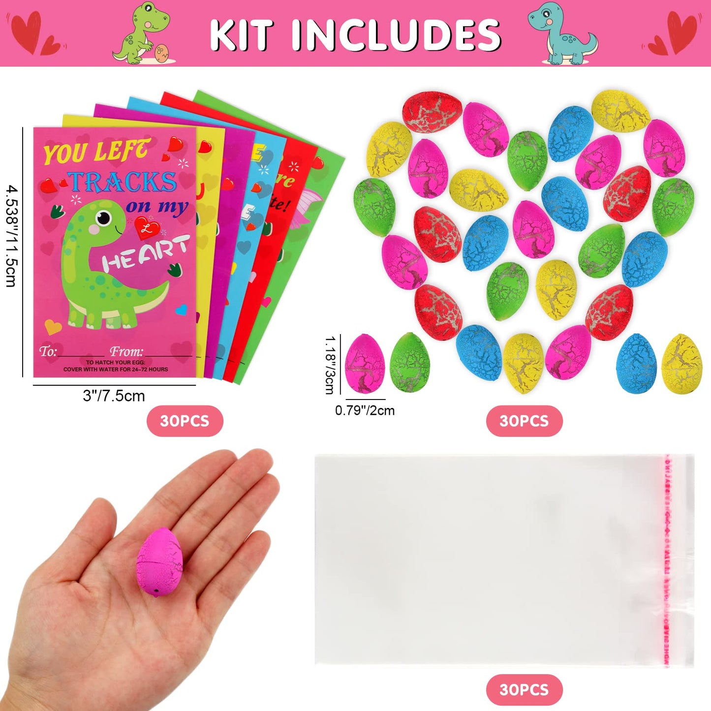 ANPHILE Valentines Dinosaur Pary Favors, 30 Pack Valentines Cards with Dinosaur Eggs Hatching Bulk, Valentines Day Gifts for Kid