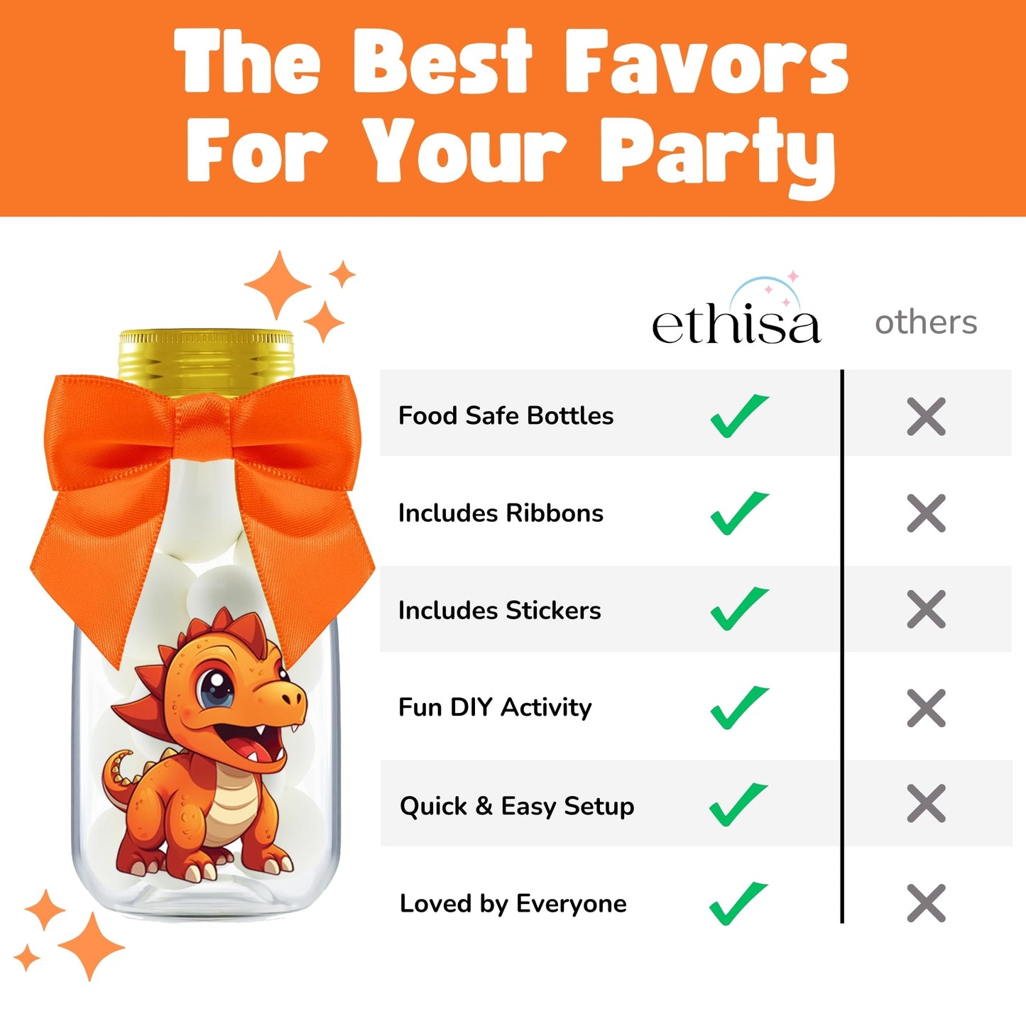 Ethisa 12 Pack Dinosaur Party Favors - DIY Candy Jars with Ribbons and Stickers - Party Decoration Bottles for Birthday, Baby Sh