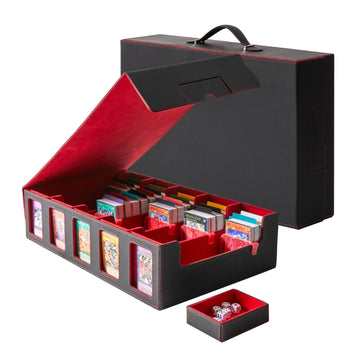 5-Row Trading Card Storage Box  Protable 3900+ MTG Deck Box with Removable Lid  Leather Magnetic Closure Commander Deck Box with 5 Toploaders  5 Stoppers  48 Dividers 1 Dice Tray (Black & Red)