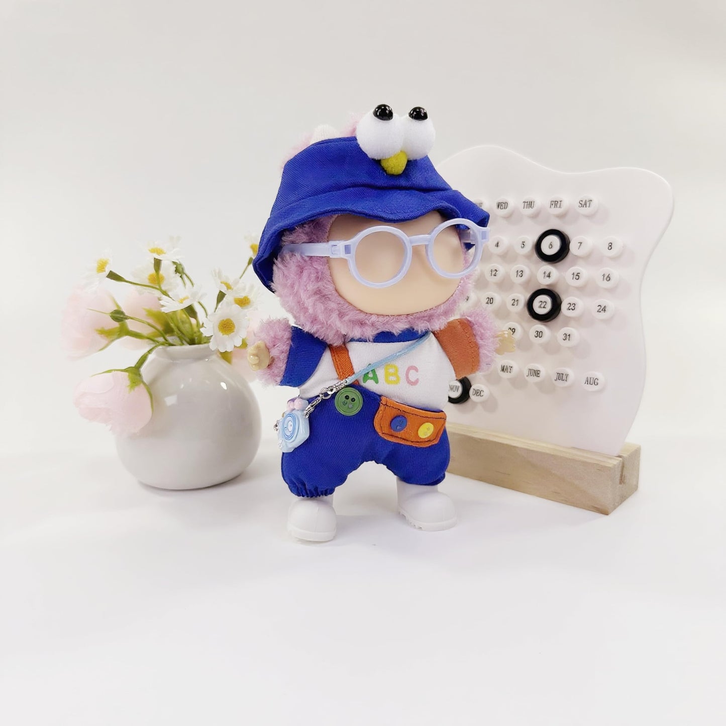 Stylish Adorable 17cm Dolls Clothes  6PCS Doll Outfits Dress-Up with Hat + Top + Pants + Glasses + Shoes + Pendant Accessories (No Dolls) Blue