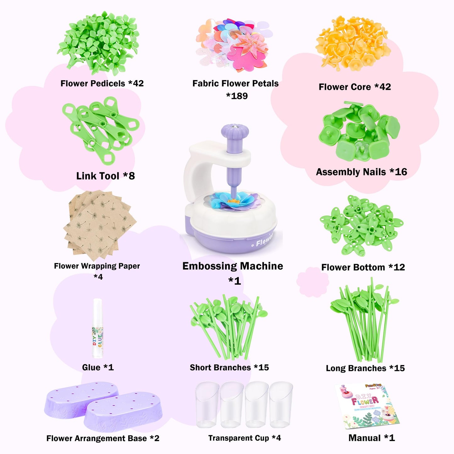 PERRYHOME Fabric Flower Bouquets DIY Kit, 300+ Pcs, Educational Arts & Crafts for Kids, White Purple, Model PFT01-CA02