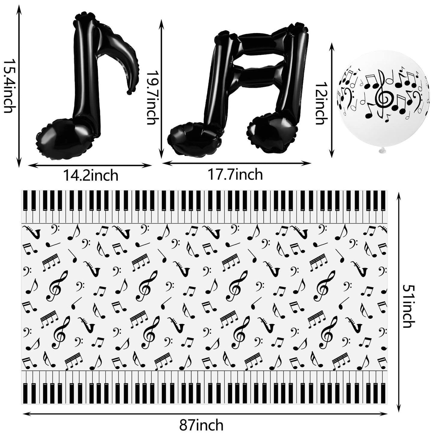 Civaner Music Theme Party Decorations Set, 40 Pieces - Black & White Latex Foil Balloons, Happy Birthday Banner & Tablecloth