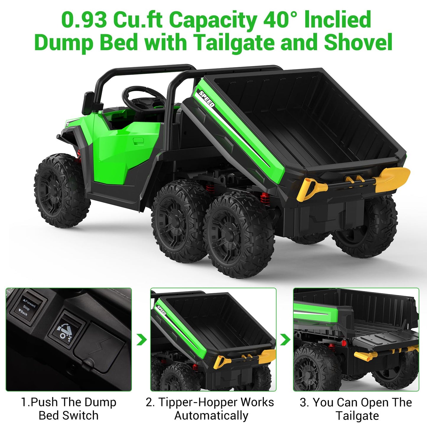 Garvee 24V 4WD 6-Wheel Electric Ride On Dump Truck with Remote Control  2 Seater Kids Dump Truck Toy for Big Kids Ages 3+  Includes Interactive Shovel  Dump Bed  LED Lights & Music Player