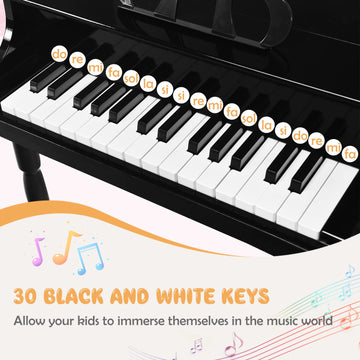 Goplus 30-Key Classical Kids Piano, Mini Grand Piano Wooden Learn-To-Play Musical Instrument Toy With Bench, Piano Lid, Music Rack, Gift For Boys Girls Aged 2+ Baby Tollder (4 Straight Leg-Black)