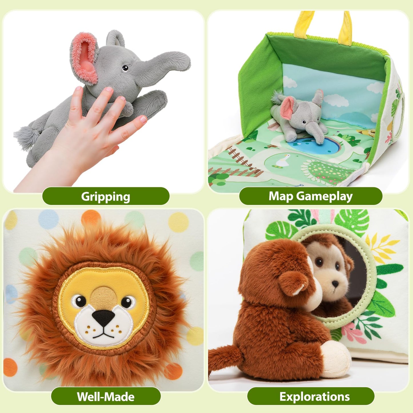 Ouozzz Mini Zoo Stuffed Animals Set – Interactive Plush Toys For Babies & Toddlers, Travel-Friendly & Huggable, Portable Gift, Safe & Washable, Includes Tiger, Giraffe, Elephant, Zebra & Monkey 9.8'