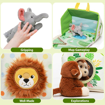 Ouozzz Mini Zoo Stuffed Animals Set – Interactive Plush Toys For Babies & Toddlers, Travel-Friendly & Huggable, Portable Gift, Safe & Washable, Includes Tiger, Giraffe, Elephant, Zebra & Monkey 9.8'