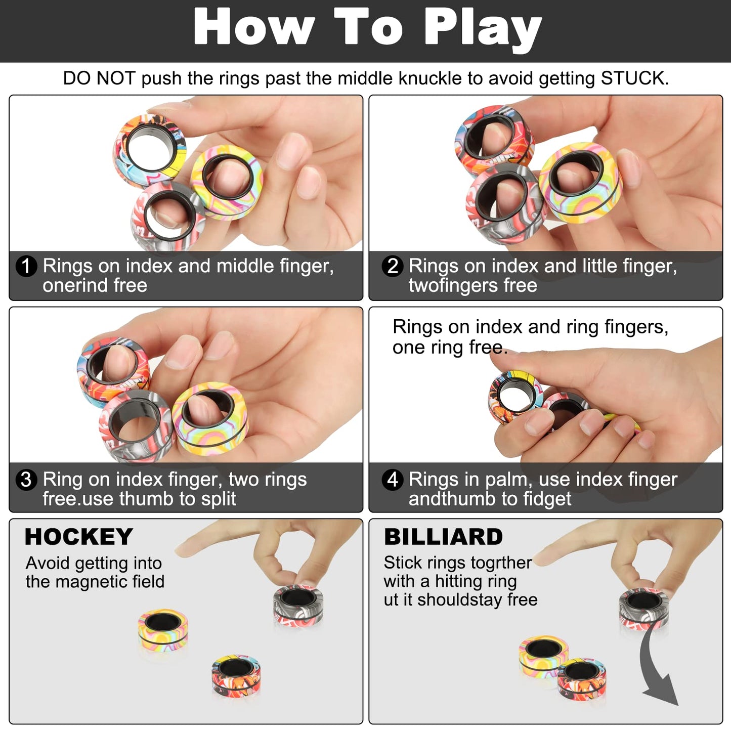 Yishidany 9Pcs Magnetic Rings Fidget Toys Pack, Magnets Finger Spinner For Adhd Stress Relief, Magical Fingears Ring For Trainin