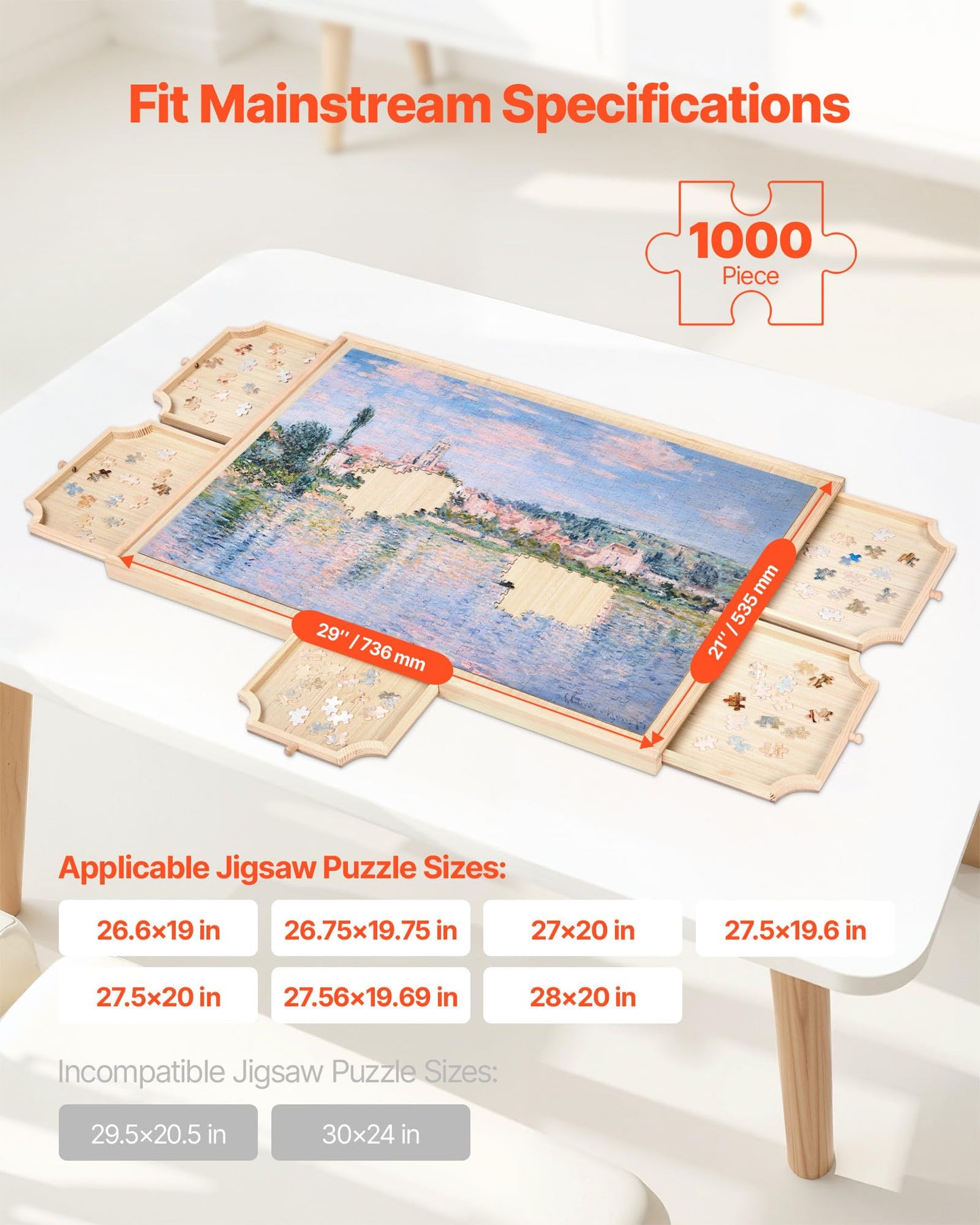 VEVOR 1000 Piece Rotating Puzzle Board with 5 Drawers and Cover, 29x21 in Portable Wooden Table, Jigsaw Puzzle Accessories for A