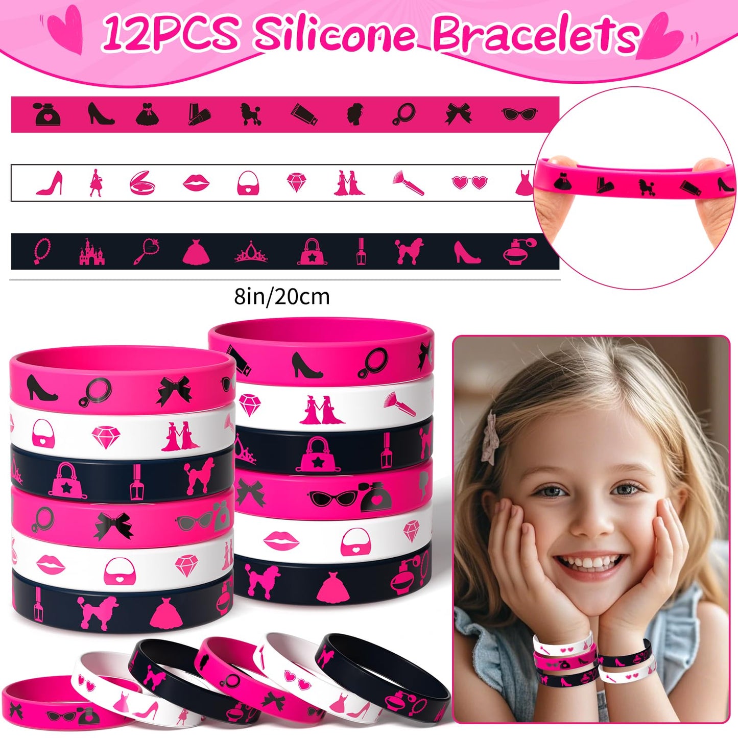 KELENO 110 Pink Party Favors Princess Birthday Supplies Straw Bubble Silicone Bracelet Keychain Tattoo Sticker Girl Kid Toy Gift