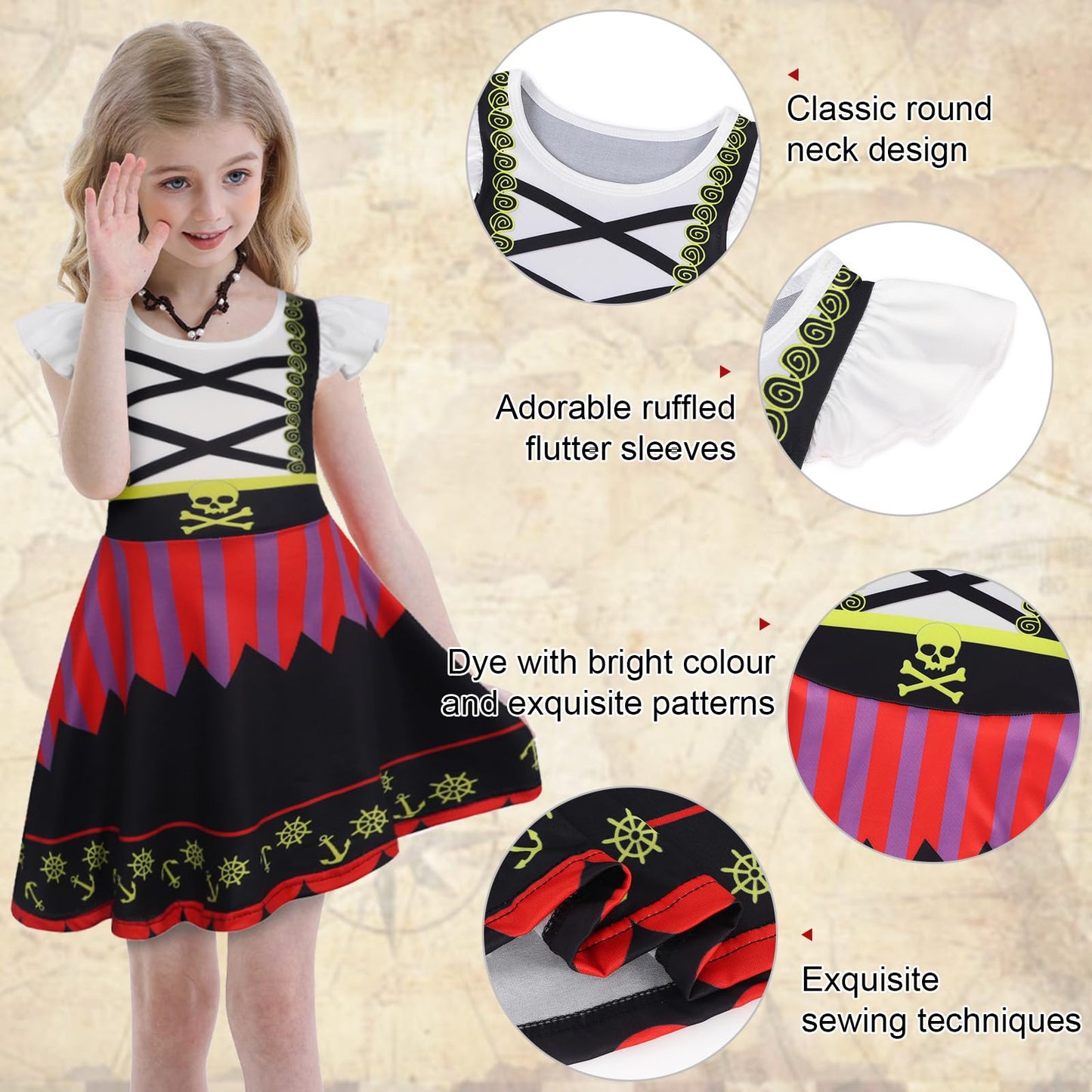 Eledobby Pirate Dress for Girls Buccaneer Costume Kids Halloween Outfits Birthday Party Cosplay Dress Up