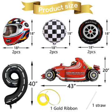 Stcomart 8 Pcs Race Car Party Decorations, Black Number 9 Balloon Checkered Balloons Tire Balloons For Boys 9Th Birthday