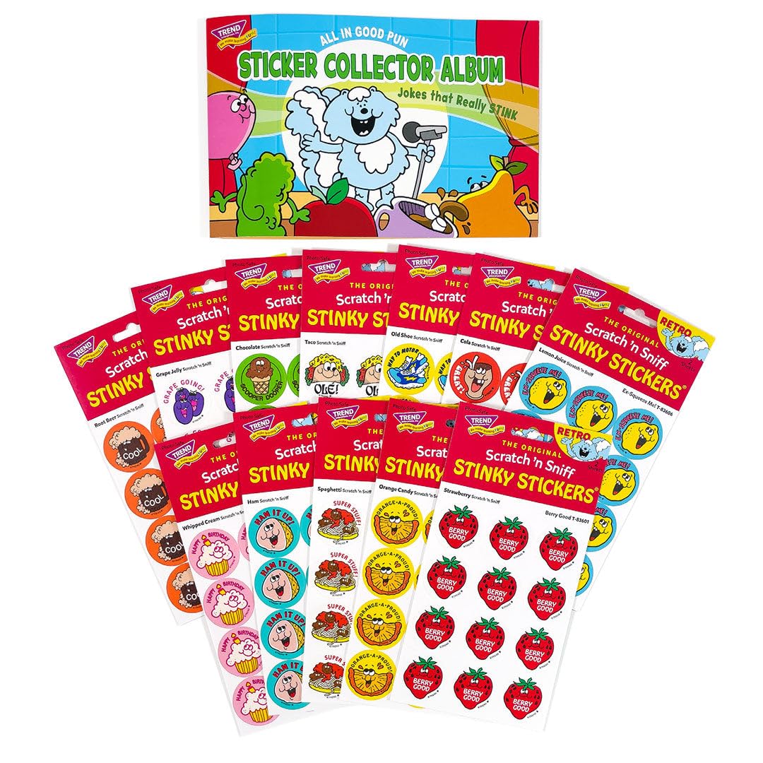 All in Good Pun Retro Scratch n Sniff Stinky Stickers and Album Combo Pack by TREND  12 Sticker Packs, 1980s Authentic Designs
