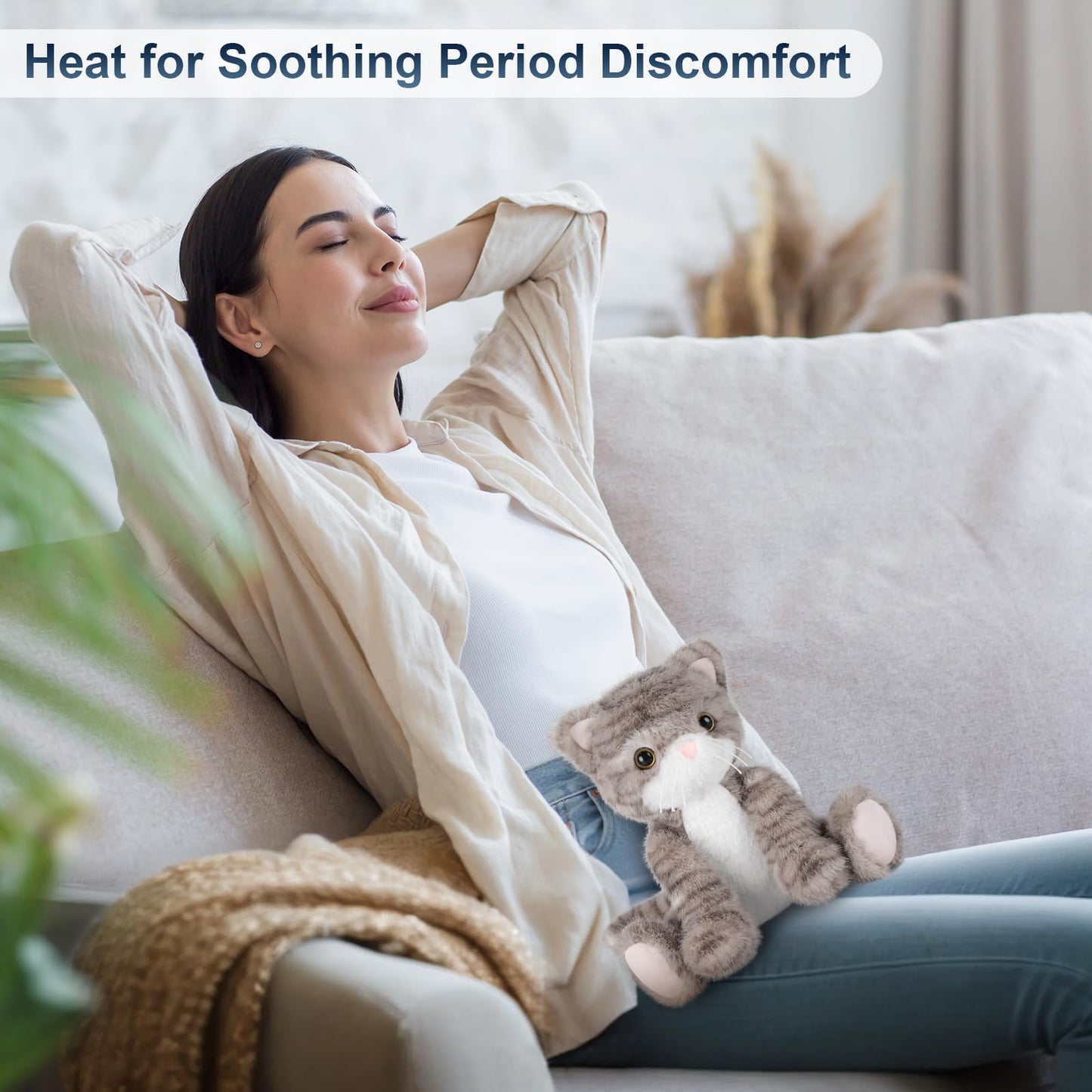 Suzzipals Heatable & Coolable Grey Cat Stuffed Animal, Cat Heating Pad Microwavable For Soothing & Relaxation, Lavender Scented