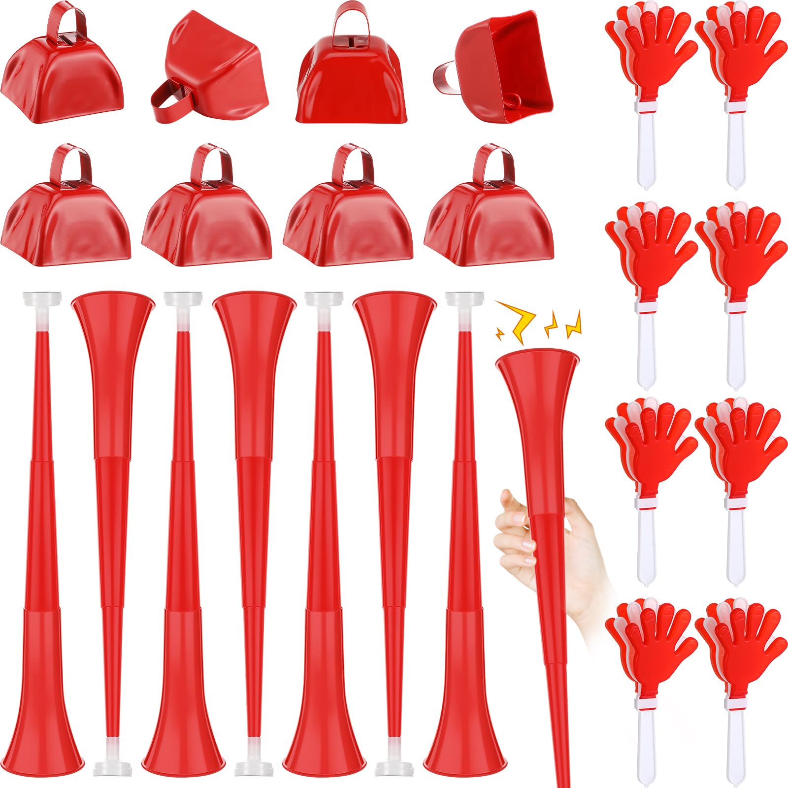Jenaai 24 Pcs School Spirit Items Collapsible Stadium Horn Hand Clappers Metal Cowbells Team Cheering Spirit Accessories Noisema